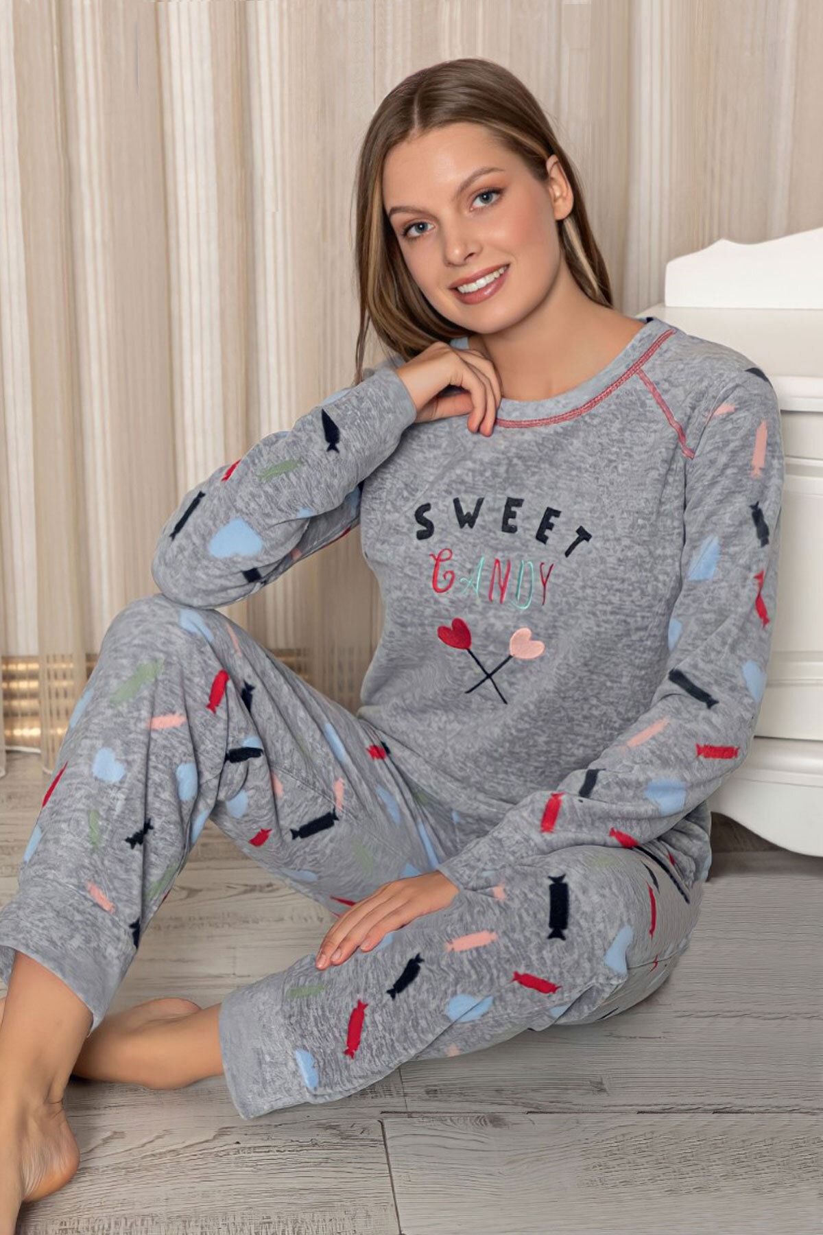 Zigzag İç Giyim Uzun Kol Polar Kışlık Bayan Kadın Pijama Takımı Füme Alt Üst Takım