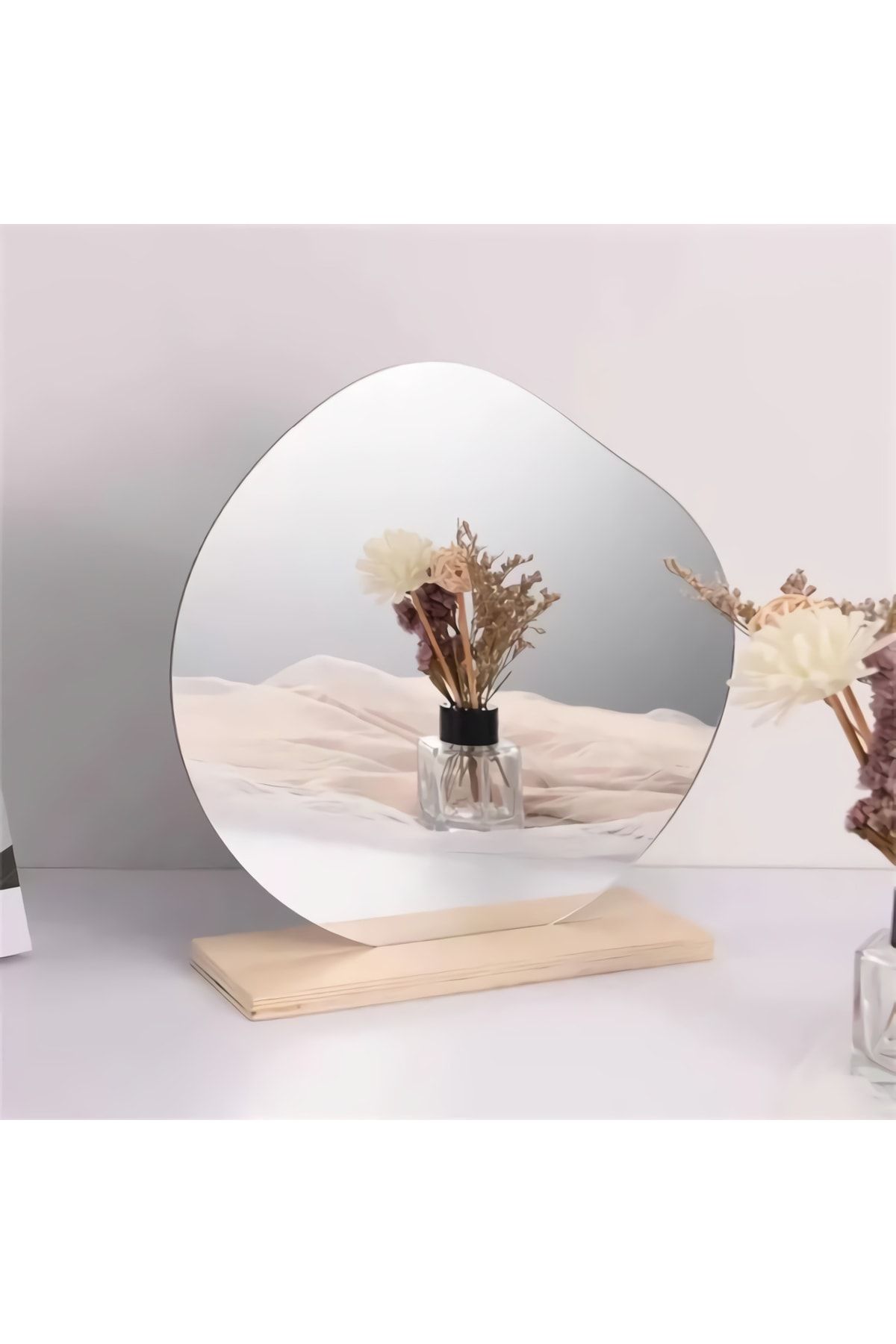 FNC CONCEPT Yuvarlak Makyaj Aynası Ahşap Asimetrik Ayna Dekoratif Selfie Aynası Ev Dekorasyon 23x23 Cm