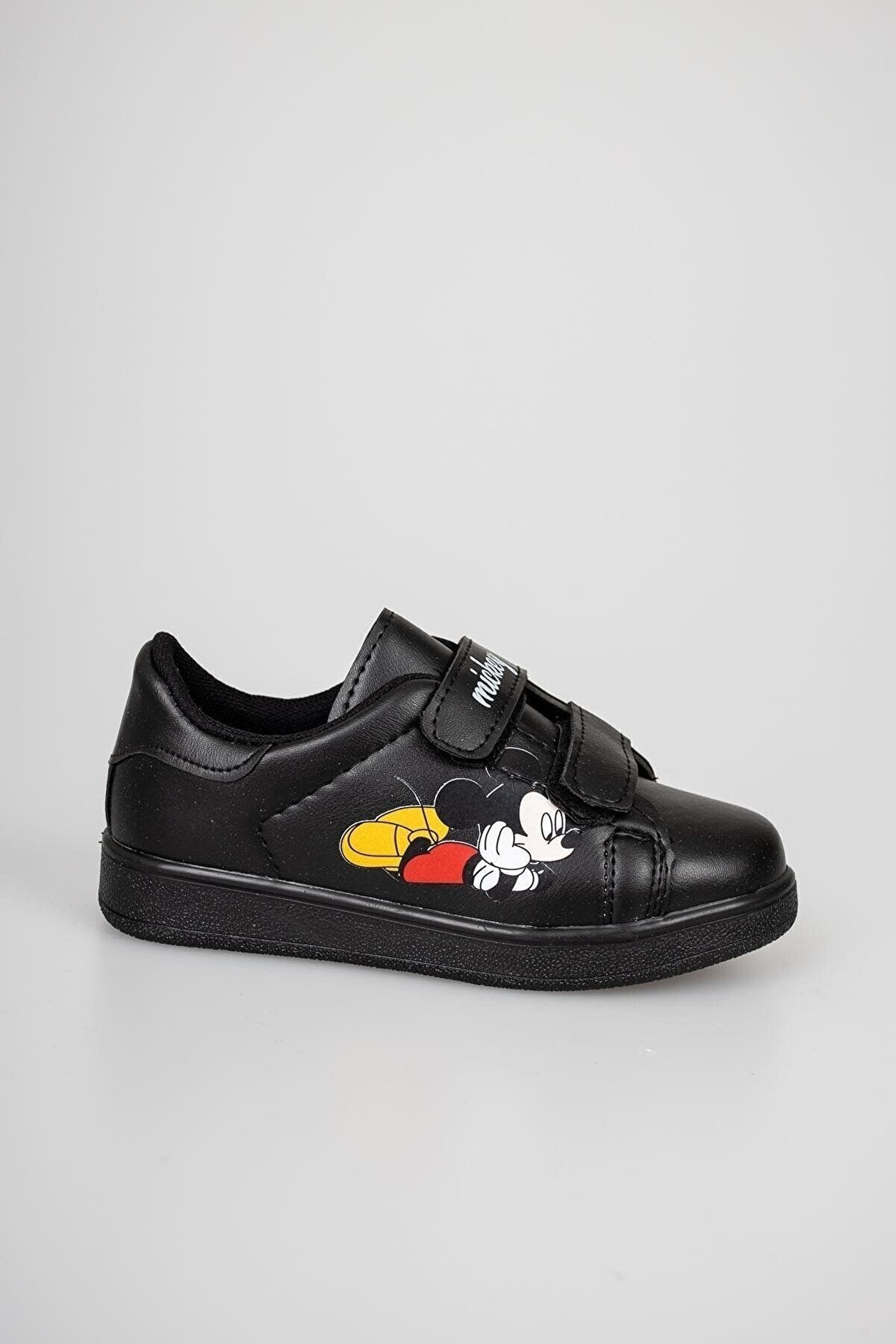 DARKLOW Siyah - Md-01 Mickey Desenli Çocuk Spor Sneaker Günlük Cırtlı Spor Ayakkabı