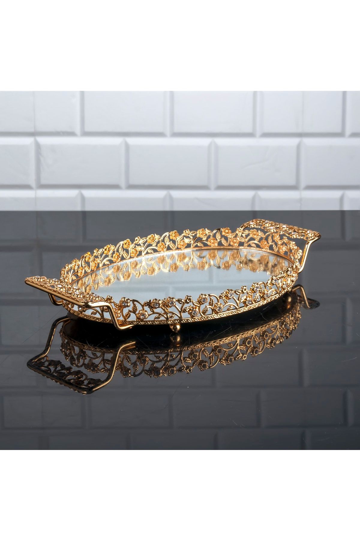 Zeyve Home Elmas Oval Küçük Tepsi Aynalı Metal Kulplu Kahve Sunumluk Çikolata Tepsisi Altın