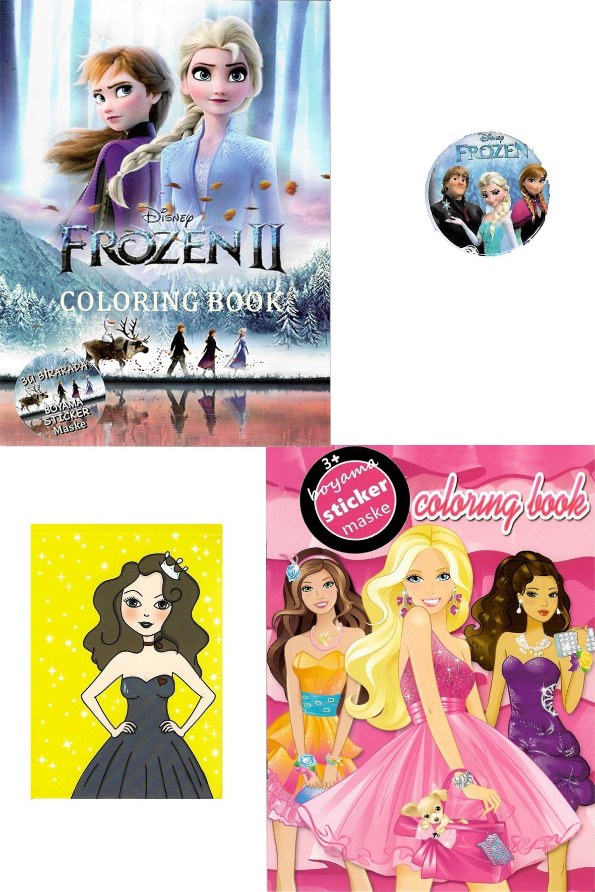 Frozen Partylandtr Ve Barbie 3 Lü (sticker+maske+ Boyama) Kitabı Metal Rozet Ve Not Defteri Hediye