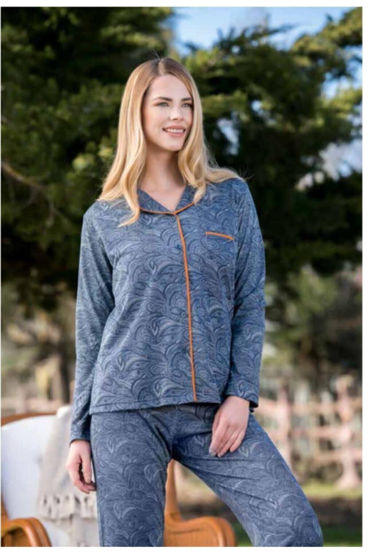 Yeni İnci Kadın Lacivert Düğmeli Pijama Takımı