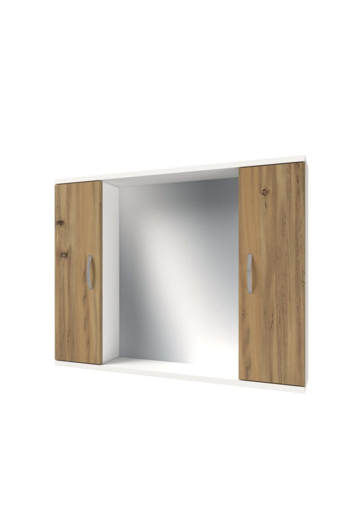 banos Ad4 Metal Kulplu 2 Kapaklı Beyaz Ceviz Mdf 95 Cm Aynalı Banyo Üst Dolabı