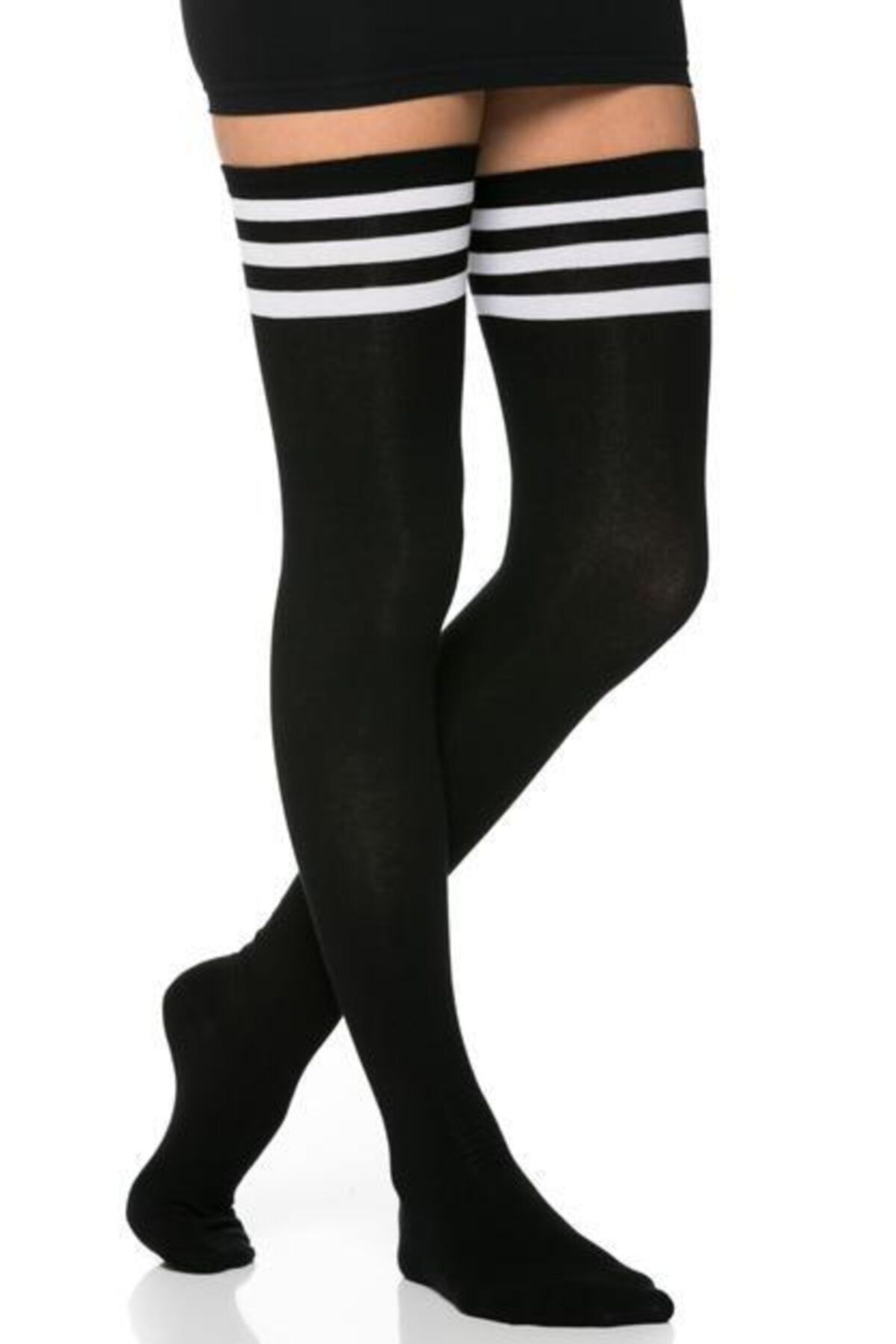 lovebox Kadın 3 Şerit Detaylı Pamuklu Siyah Dizüstü Çorap Jartiyer Boy Siyah Uzun Boy Çorap
