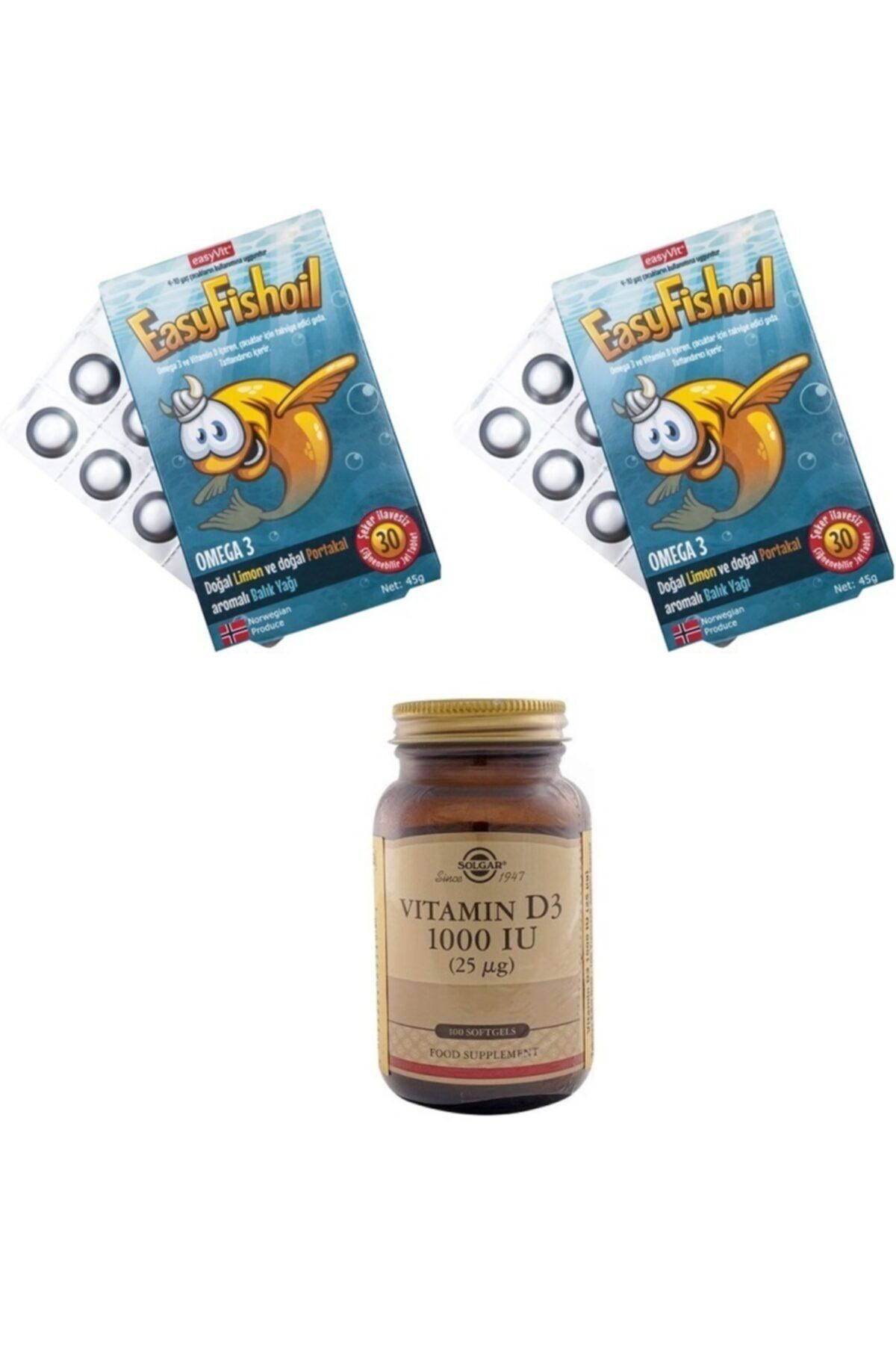 Easy Fishoil Solgar Vitamin D3 100 Softgel Kapsül+easyfishoil Çocuklar Için Balık Yağı*2 Adet