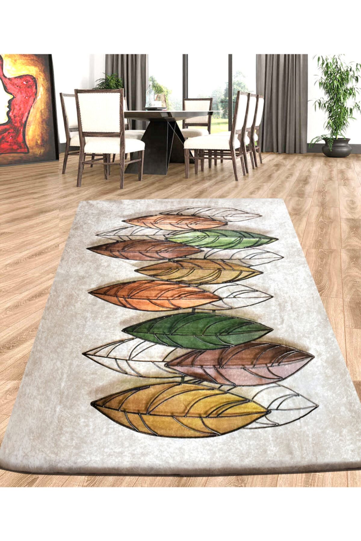 Nur Home Yaprak Cümbüşü 4m2, 5m2, 6m2 Dijital Baskı Mutfak, Salon Süngerli Kadife Lastikli Halı Örtüsü