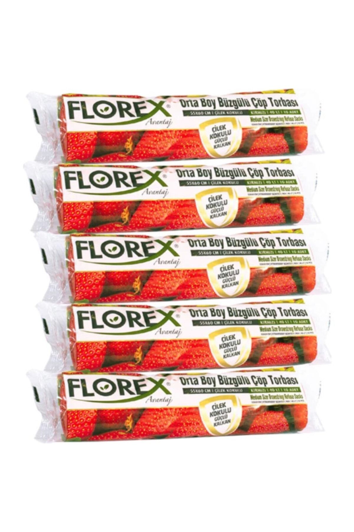 Florex 5 Rulo Büzgülü Orta Boy Çilek Kokulu Çöp Torbası 55x60 Cm