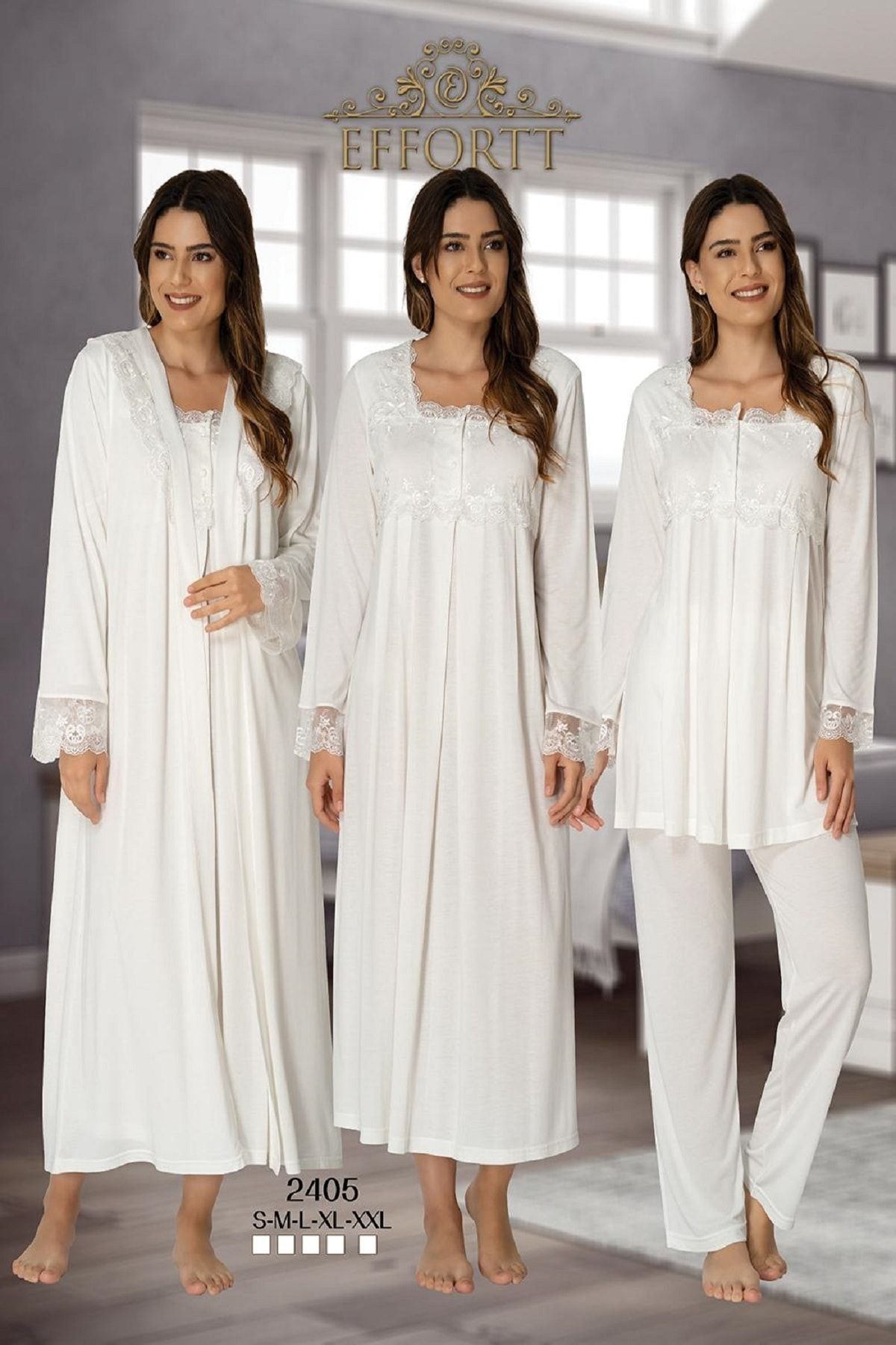 Genel Markalar Effort Kadın Ekru Uzun Kollu Pijama Takımı Gecelik Sabahlık Lohusa Hamile 4'lü Set 2405