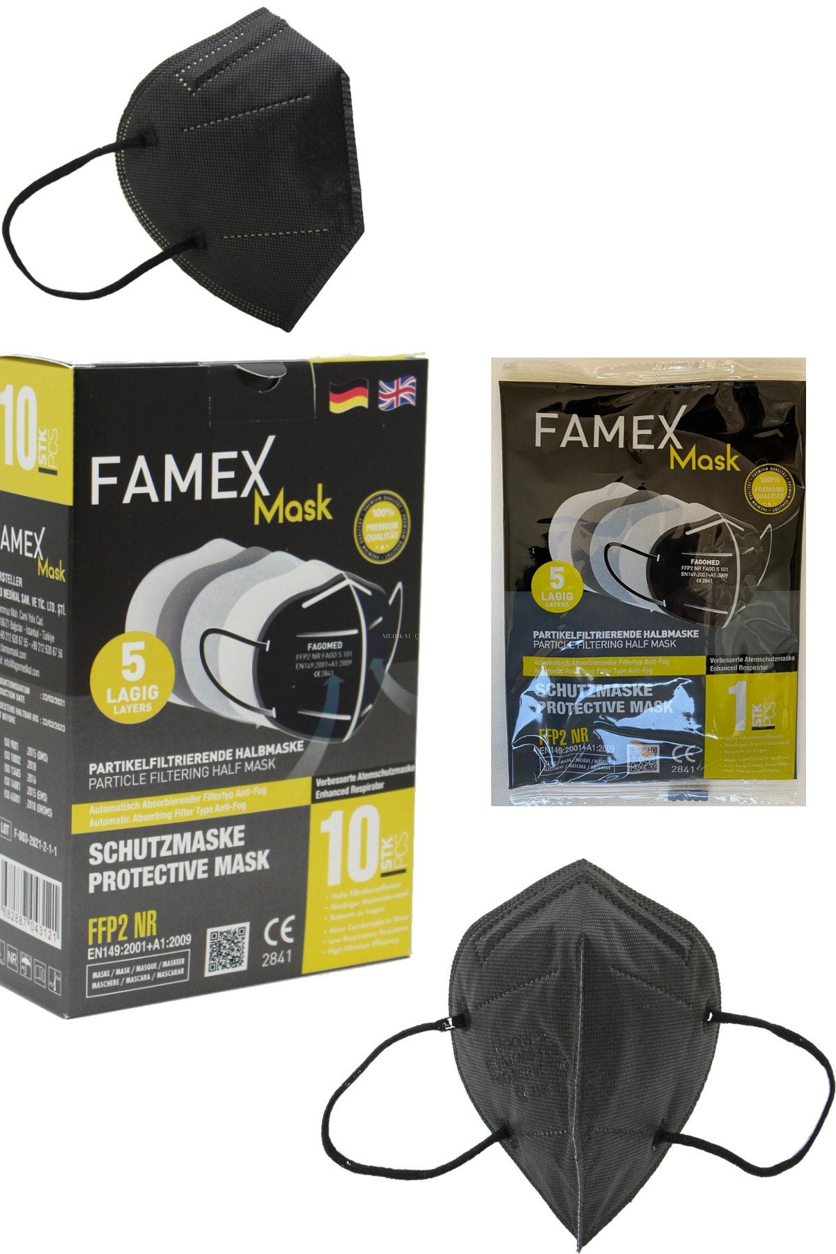 FAMEX MASK Famex Siyah Kn95 Ffp2 Nr Medikal Maske 10'lu