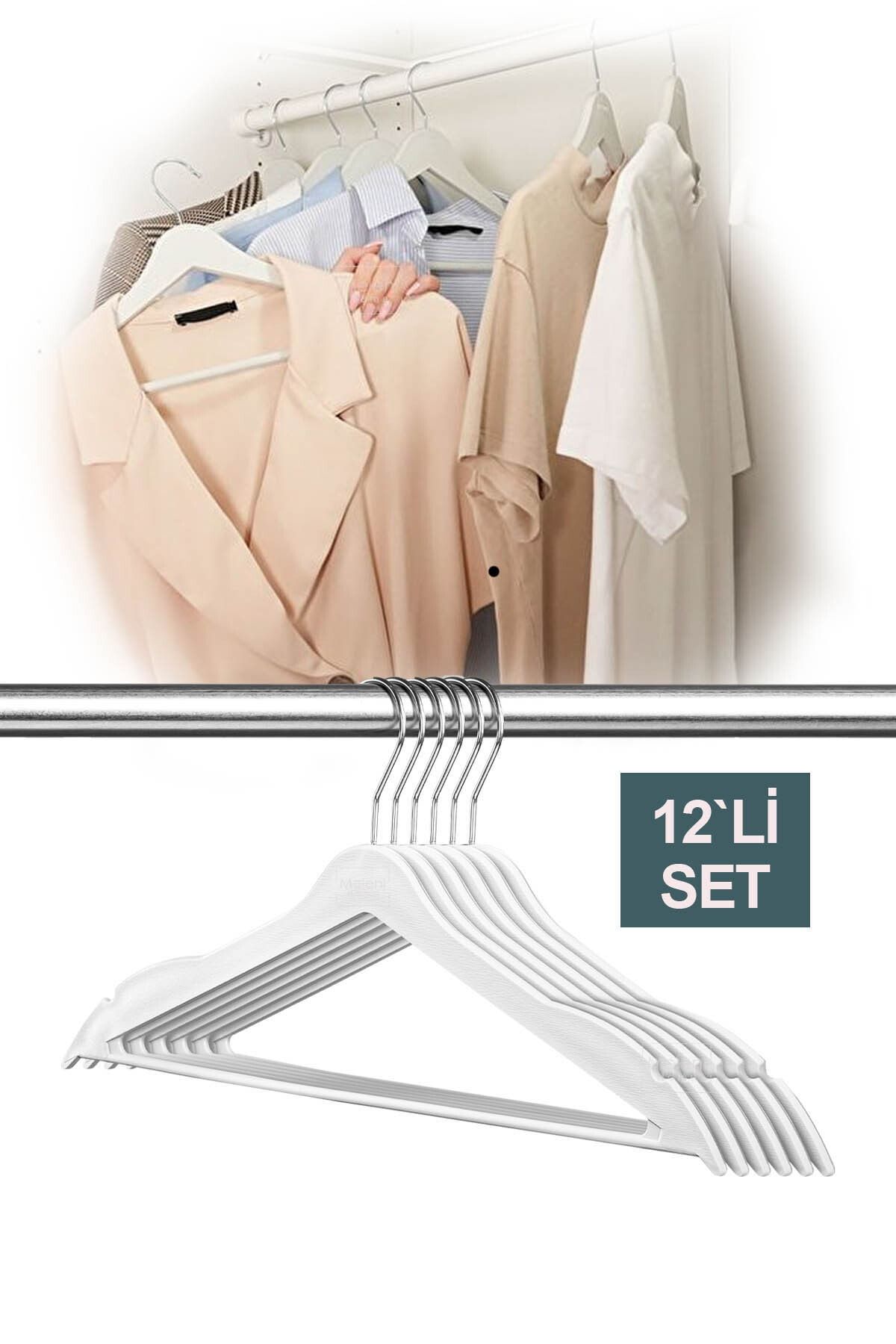 Meleni Home 12 Adet Ahşap Görünümlü Plastik Askı - Kıyafet Elbise Askısı Beyaz