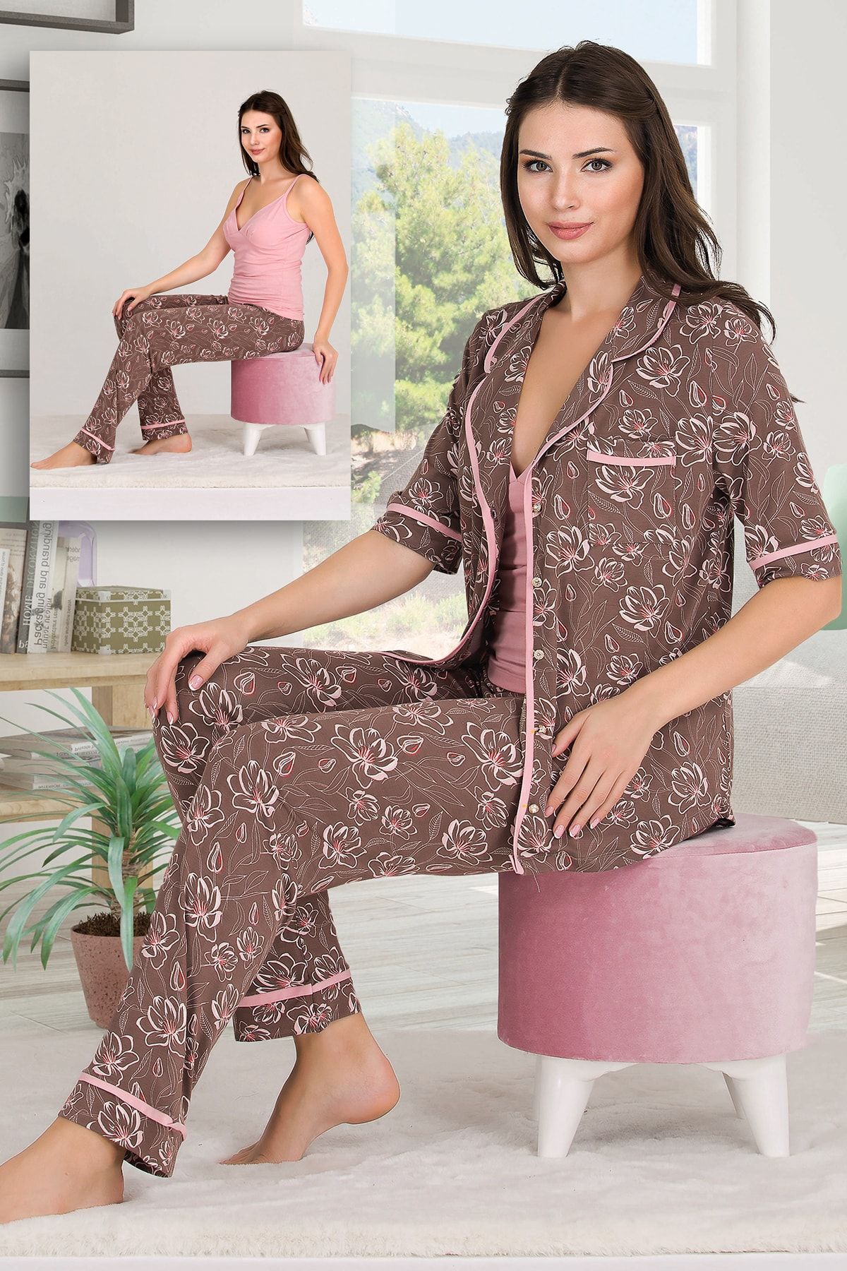 Jenny Daphne Lady Desenli Viskon Kumaş Kısa Kollu Gömlekli Ve Askılı 3 lü Pijama Takımı 20008