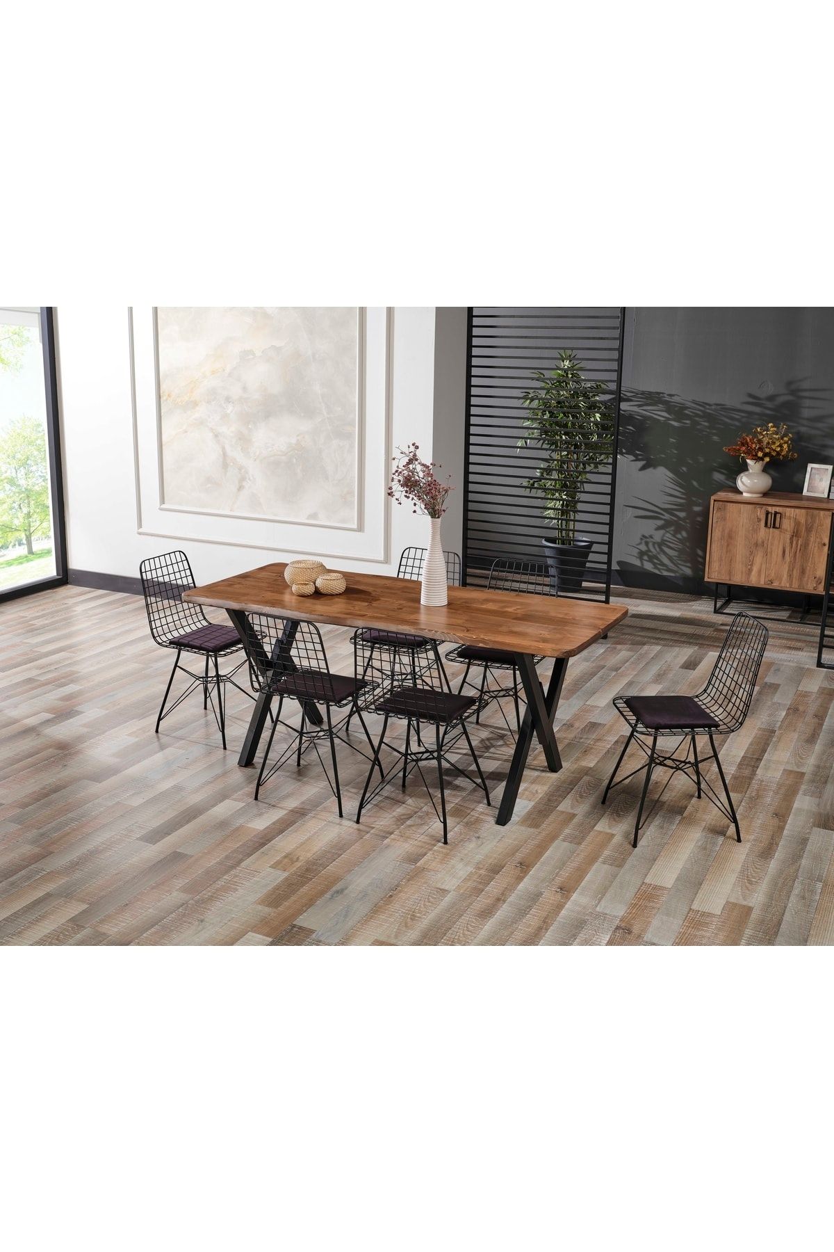 Avvio Asel 80x180 Doğal Kütük 6 Sandalyeli Mutfak Masası Takımı-yemek Masası Takımı- Doğal Kütük Ağacı