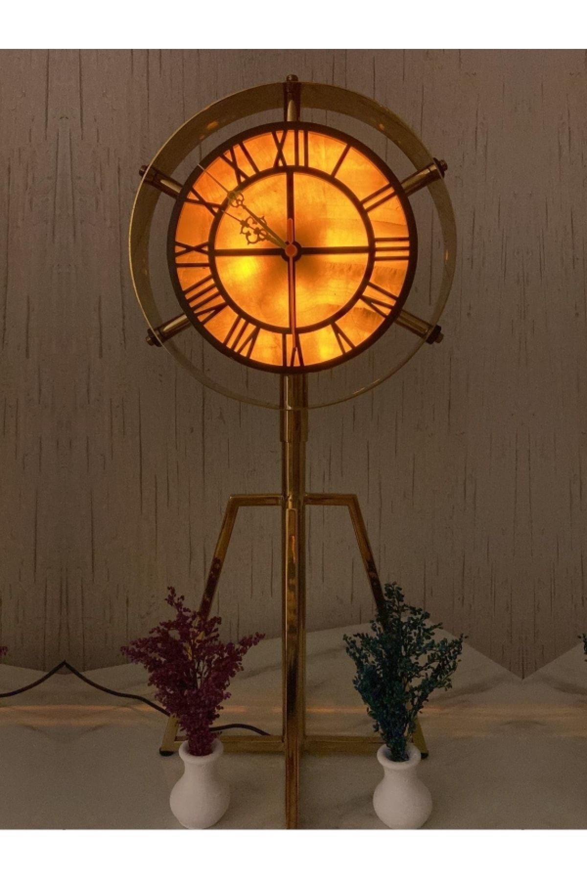 sarıhan Oniks Mermer Işıklı Dekoratif Masa Üstü Saat Özel Üretim Titanyum Paslanmaz Metalden