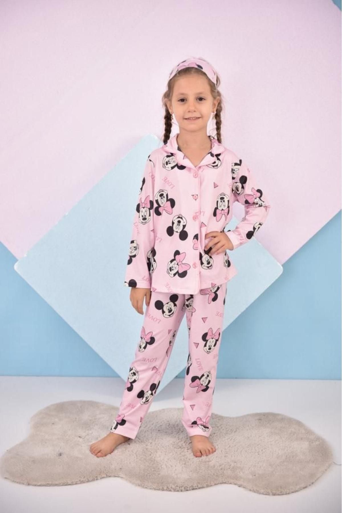 Lolliboomkids Kız Çocuk Pembe Renk Yeni Sezon Mickey Love Desenli Baskılı Pijama Takımı Göz Bandı