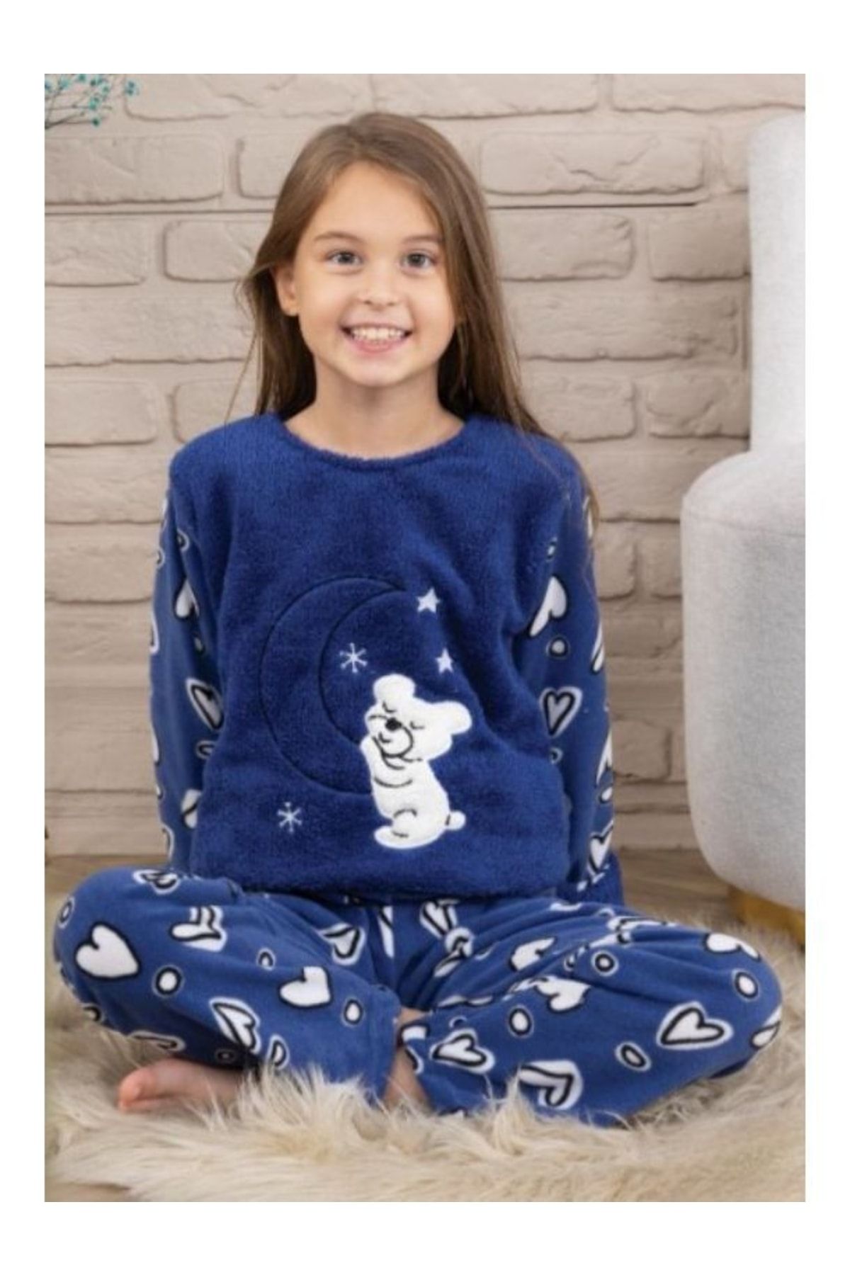 Pyjama Familya Kız Çocuk Ayıcık Desenli Peluş Polar Pijama Takımı