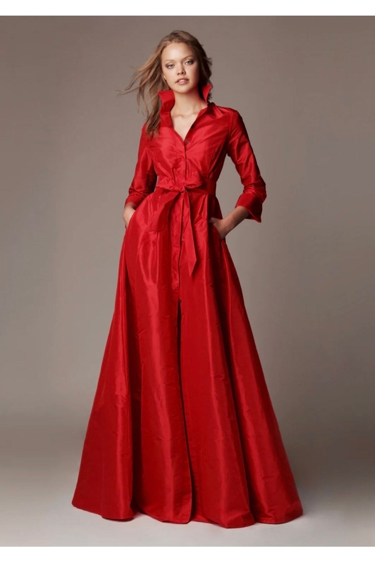 Mert Erkan Kuşaklı Kırmızı Tafta Uzun Gömlek Elbise
