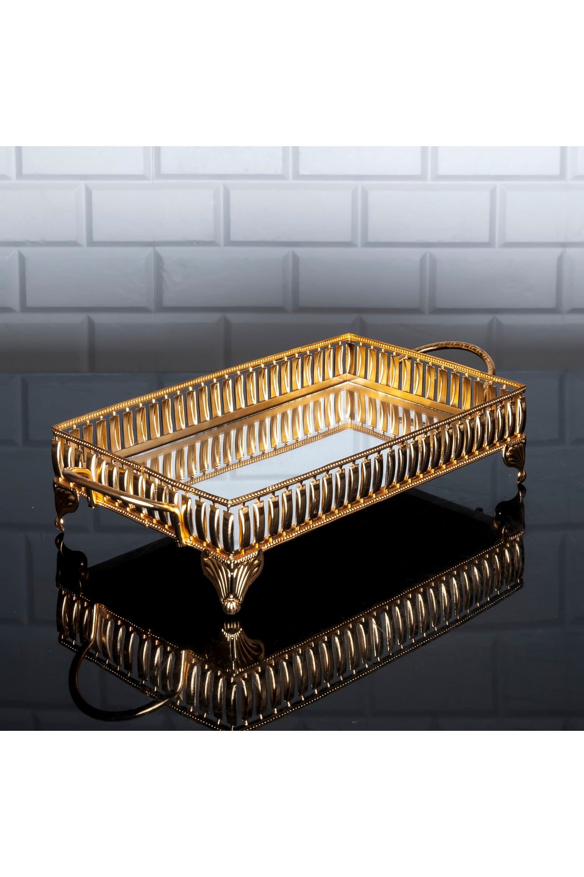 Zeyve Home Hürrem Dikdörtgen Küçük Tepsi Aynalı Metal Kulplu Sunumluk Çikolata Tepsisi Altın 40x18cm