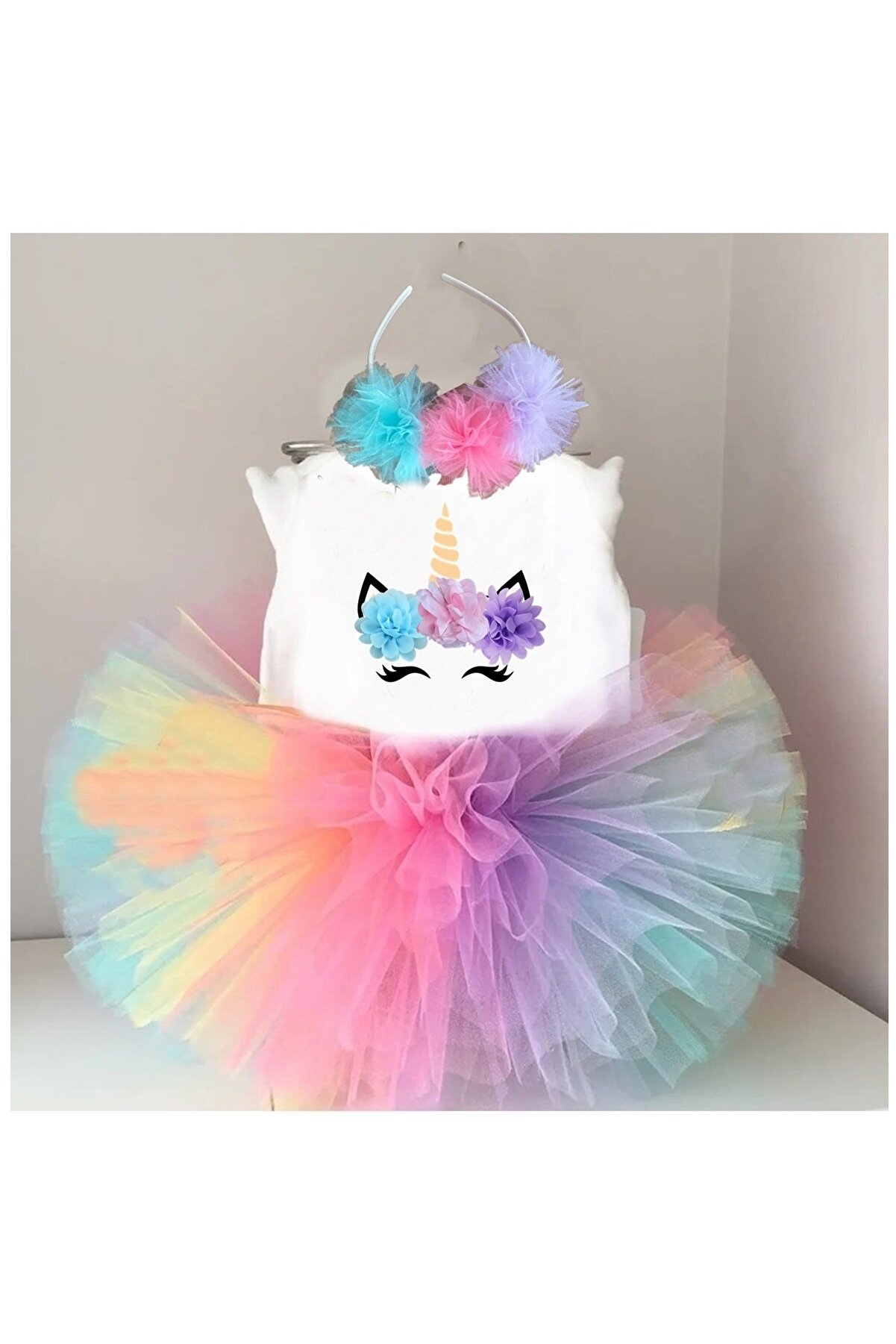 bba new trend Kız Çocuk Renkli Doğum Günü Unicorn Tütü Etek Set 3'lü