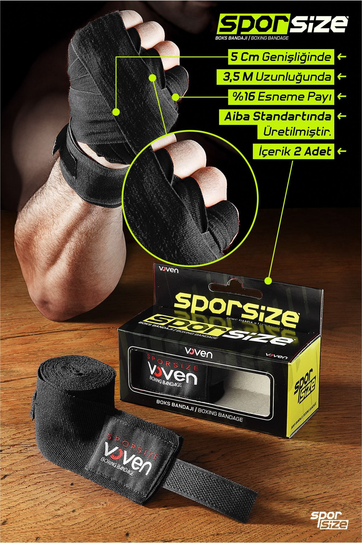 Sporsize Voven Boxing Muay Thai Bandage Black Boks Bandajı Muay Thai Bandajı El Sargısı Siyah 3,5 Metre