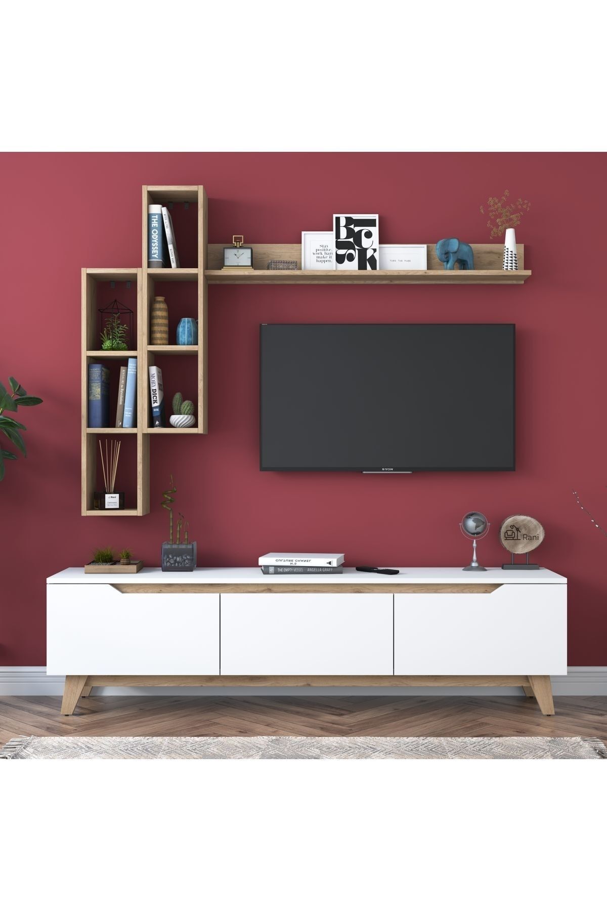 Rani Mobilya Rani D1 Tv Ünitesi Kitaplıklı Tv Sehpası Duvara Monte Raflı Modern Ayaklı Beyaz - Sepet Ceviz M16