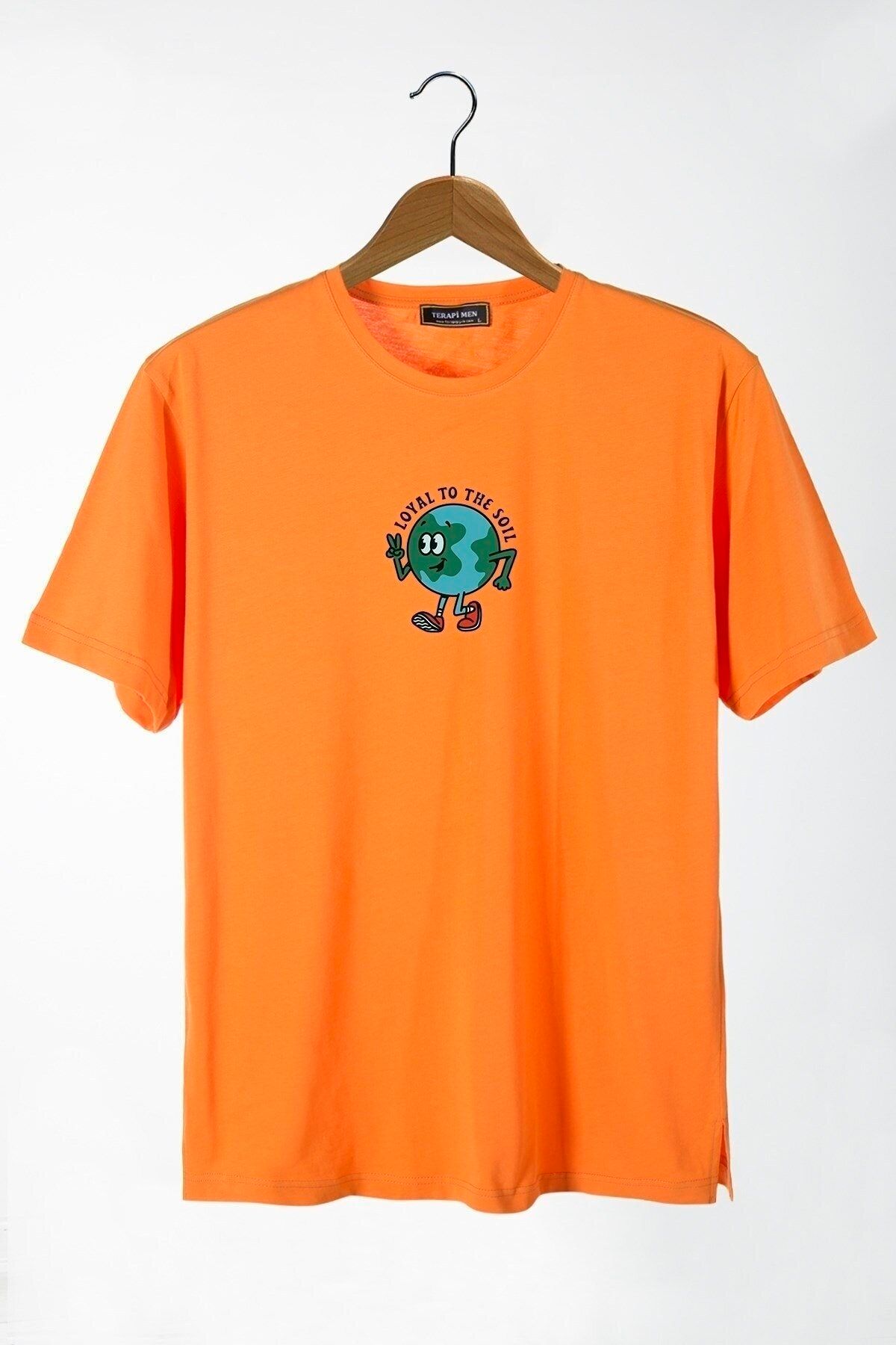 Thebulut Erkek Turuncu Bisiklet Yaka Önü Dünya Baskılı Oversize T-shirt