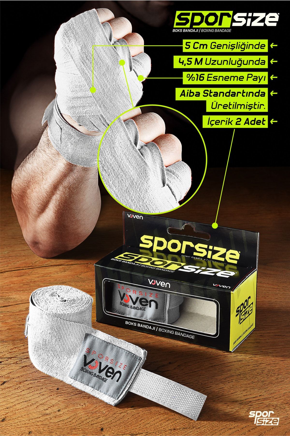 Sporsize Voven Boxing Muay Thai Bandage White Boks Bandajı Muay Thai Bandajı El Sargısı Beyaz 4,5 Metre