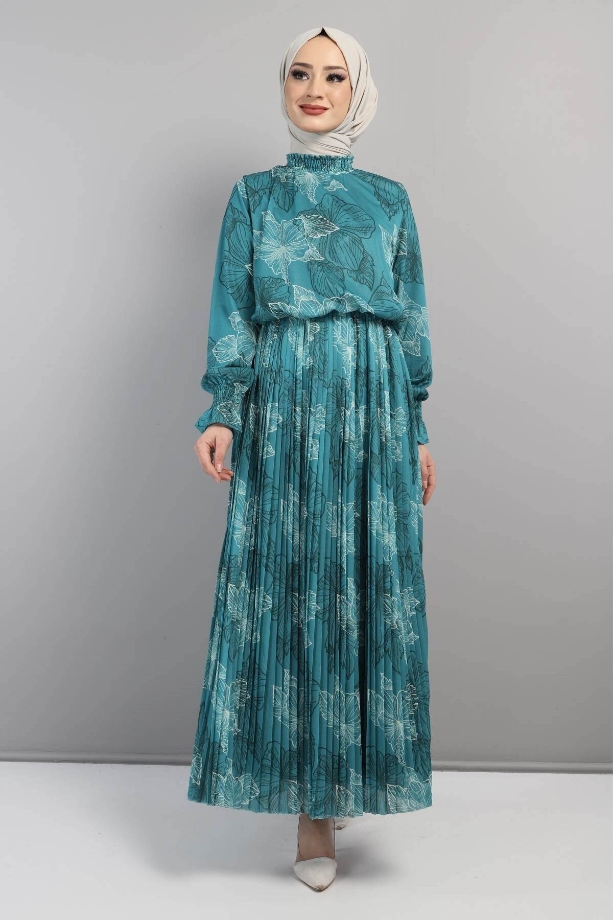 ModaMihram Çiçekli Pileli Elbise Mint 14400
