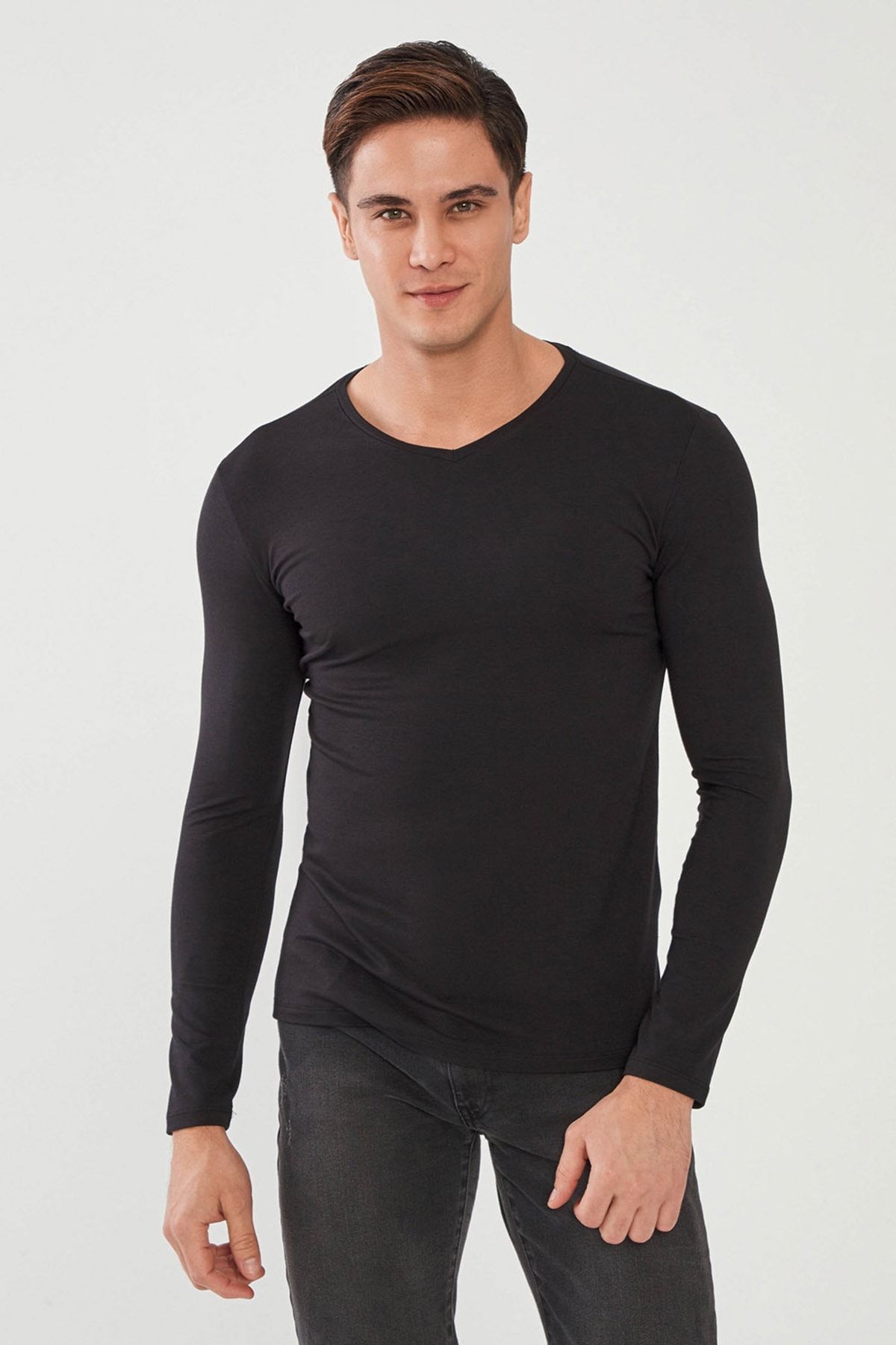 Mcl Giyim Erkek V Yaka Uzun Kol T-shirt 2079181 Siyah