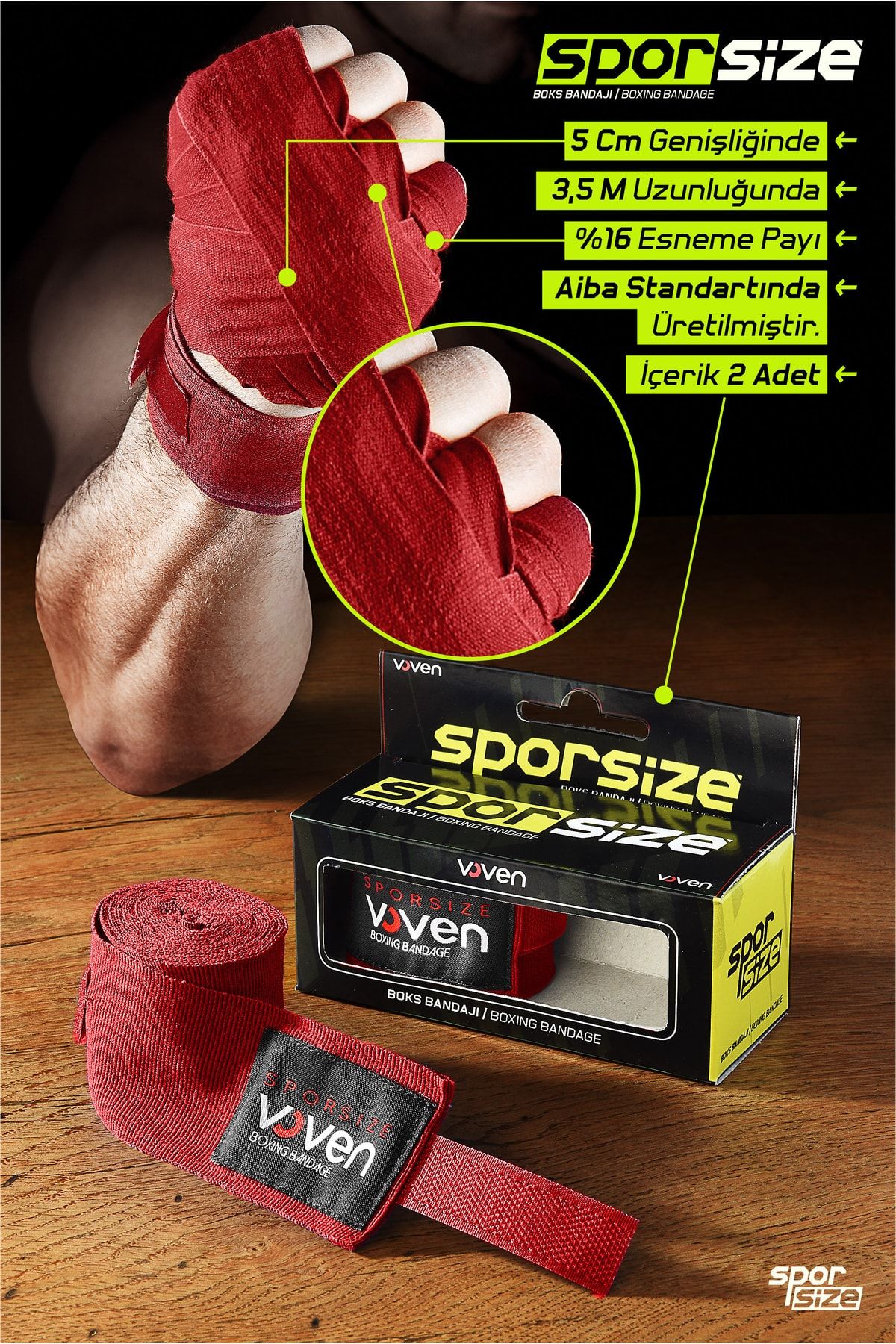 Sporsize Voven Boxing Muay Thai Bandage Red Boks Bandajı Muay Thai Bandajı El Sargısı Kırmızı 3,5 Metre
