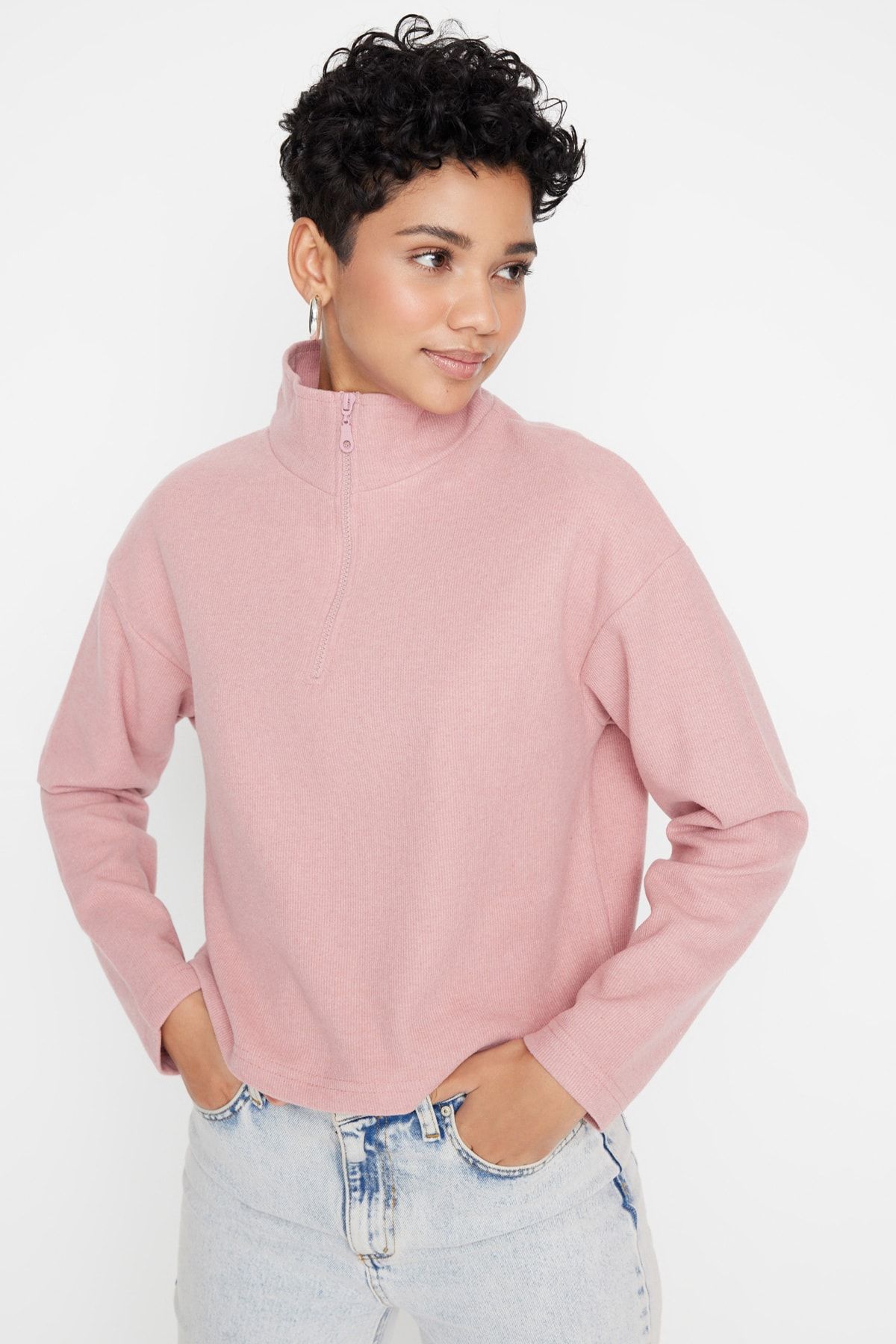 Trendyolmilla Gül Kurusu Selanik/Triko Görünümlü Fermuarlı Yaka Regular/Normal Kalıp Örme Sweatshirt TWOAW22SW0732