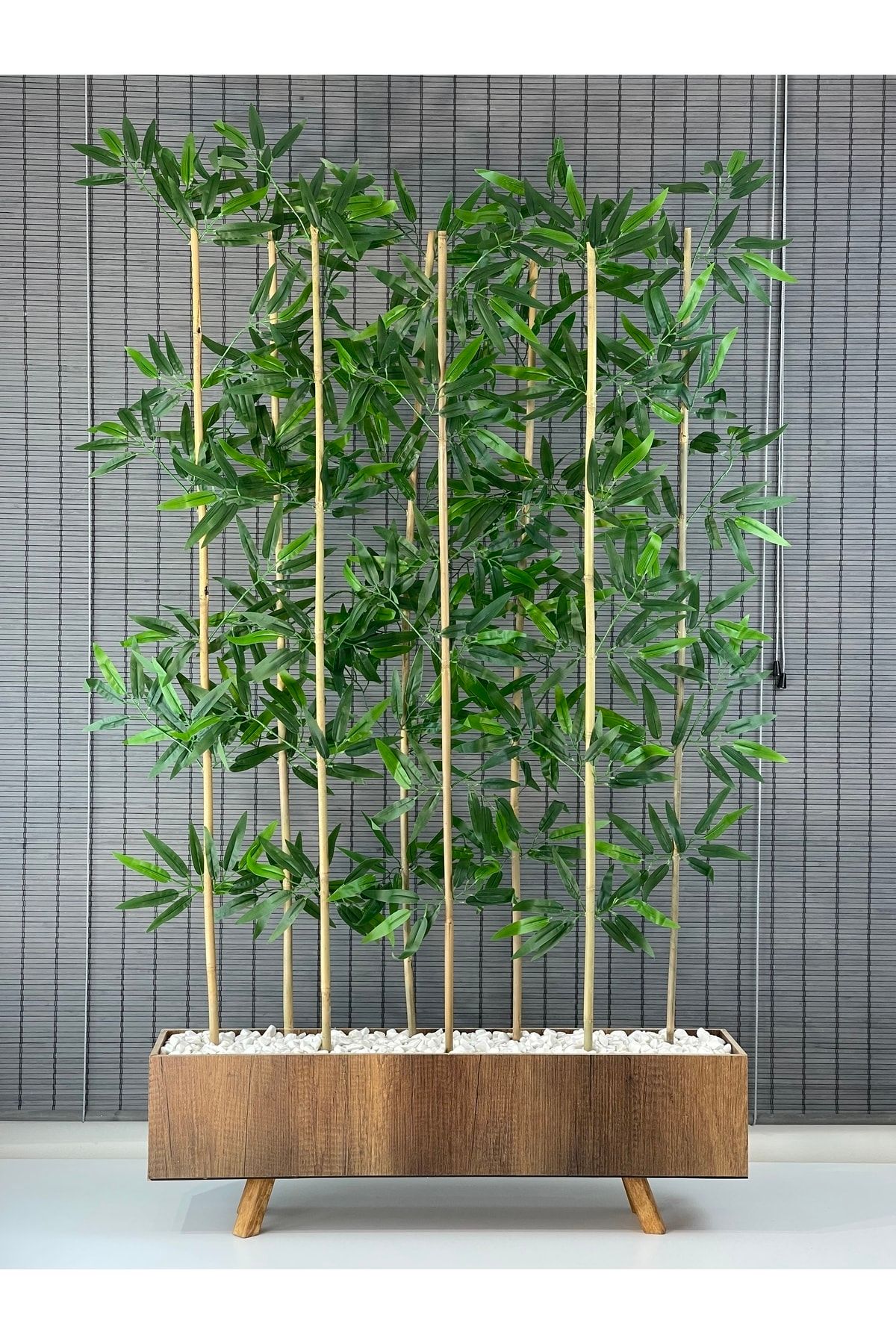 Bahçem Ahşap Ayaklı 80cm Saksılı 8 Gövde 150cm Dikdörtgen Model Yapay Yapraklı Dekoratif Bambu Seperatör