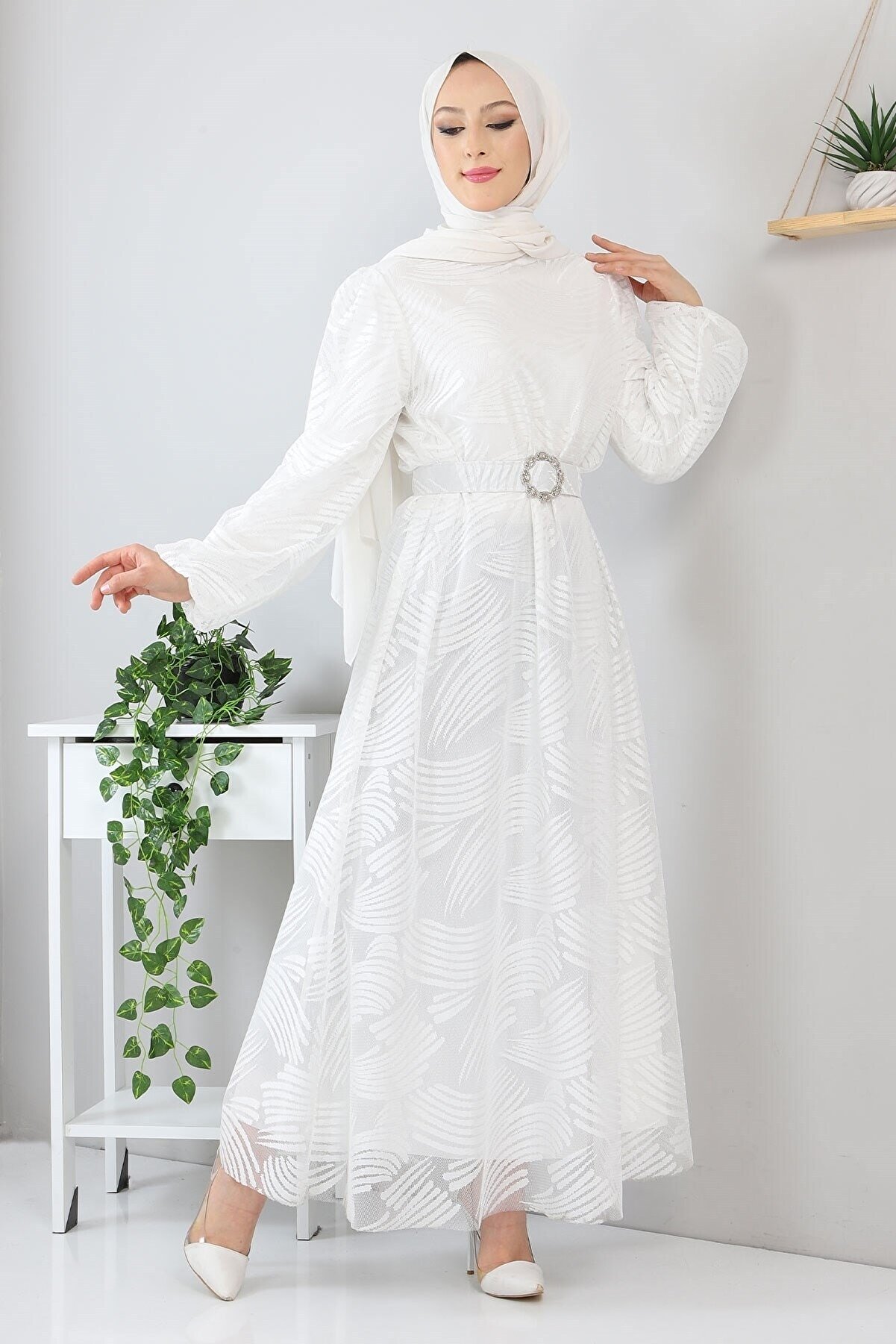 Modamihram Kemerli Dantelli Elbise Beyaz 13300