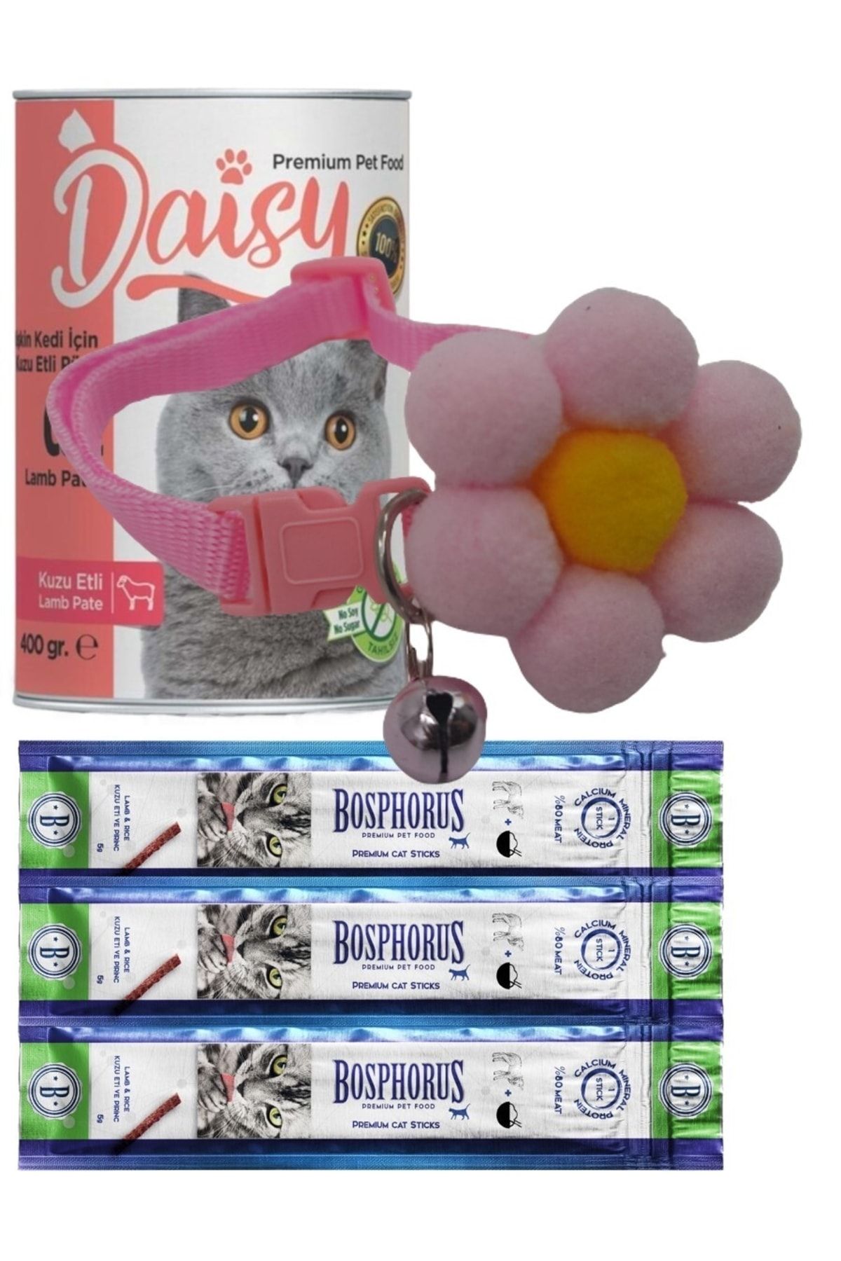 Daisy Kuzu Etli Kedi Konserve, Ödül Sticks Ve Flowers Boyun Tasma Seti Açık Pembe