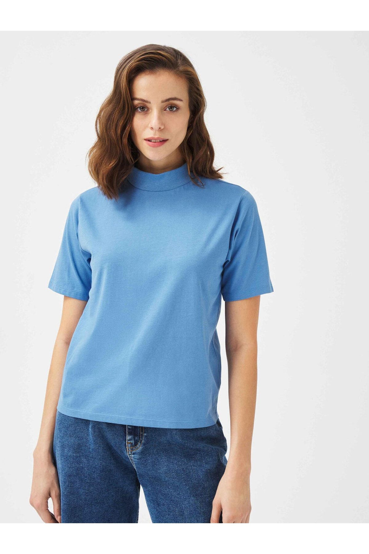 Xint Kadın Mavi Dik Yaka %100 Pamuk Rahat Kesim Basic Tişört