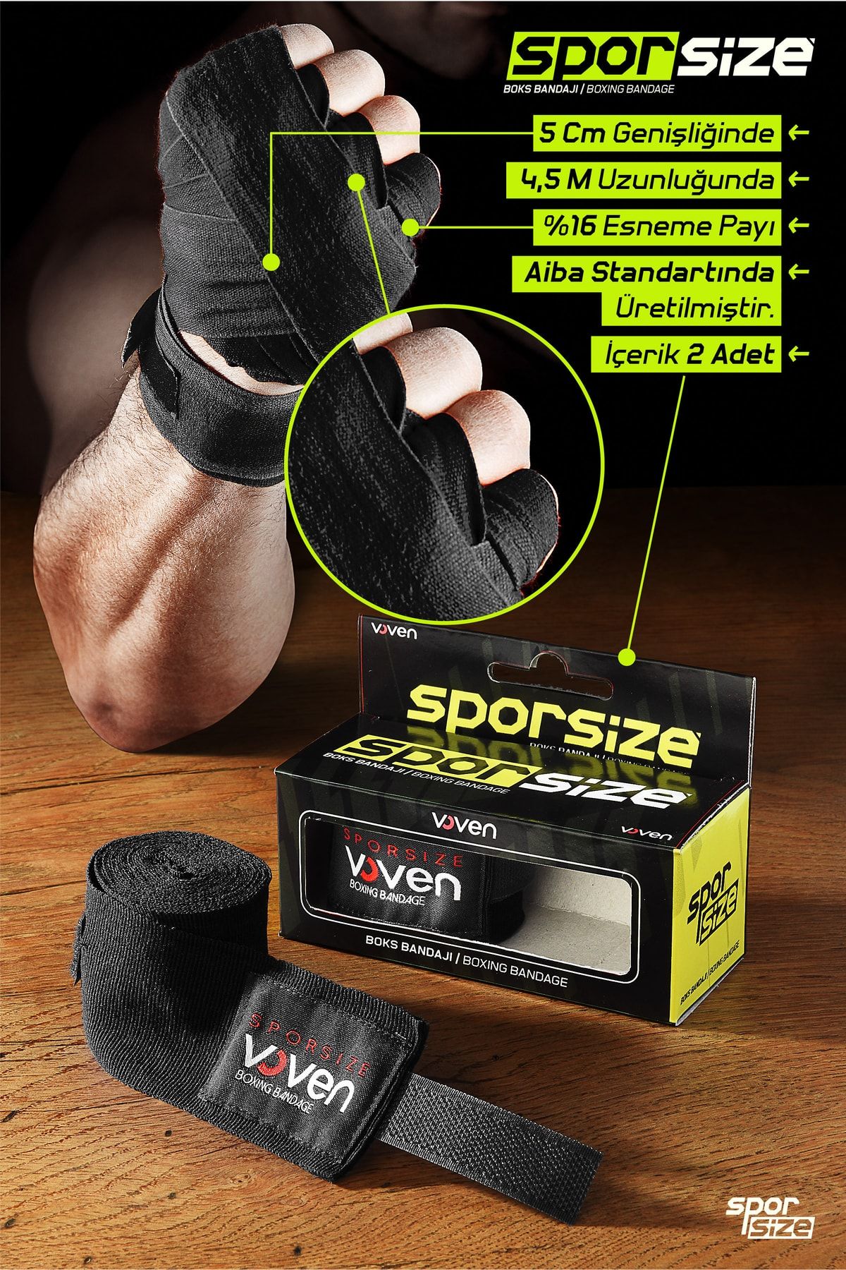 Sporsize Voven Boxing Muay Thai Bandage Black Boks Bandajı Muay Thai Bandajı El Sargısı Siyah 4,5 Metre