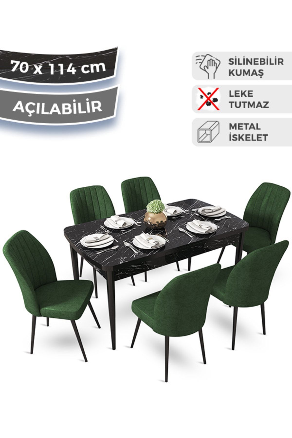 Canisa Concept Ege Serisi 70x114 Açılabilir Mutfak Masa Takımı Siyah Mermer Desen Masa ve 6 Haki Yeşil Sandalye