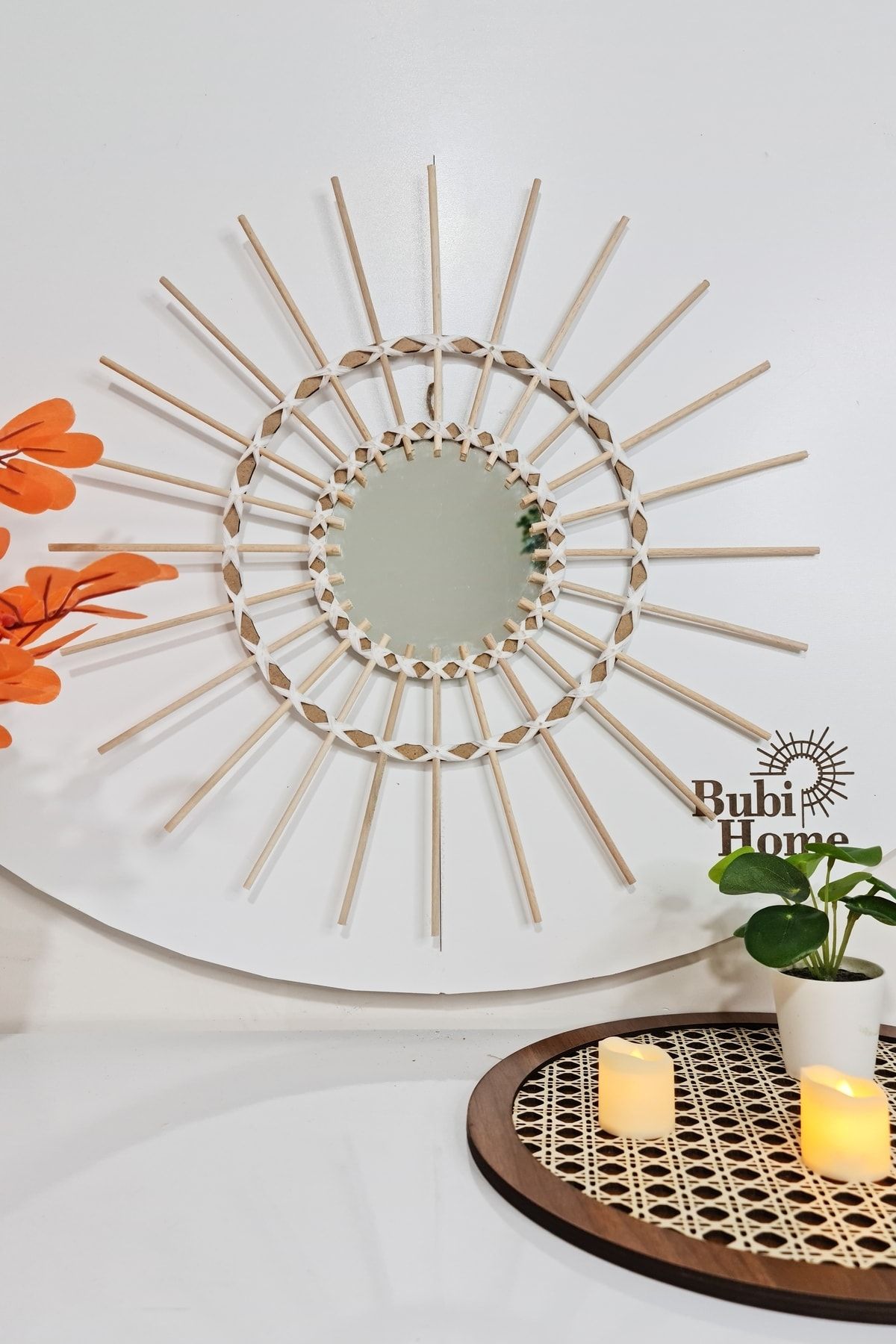 Bubihome Bambu Ayna Beyaz Ipli Dekoratif Bohem Ayna