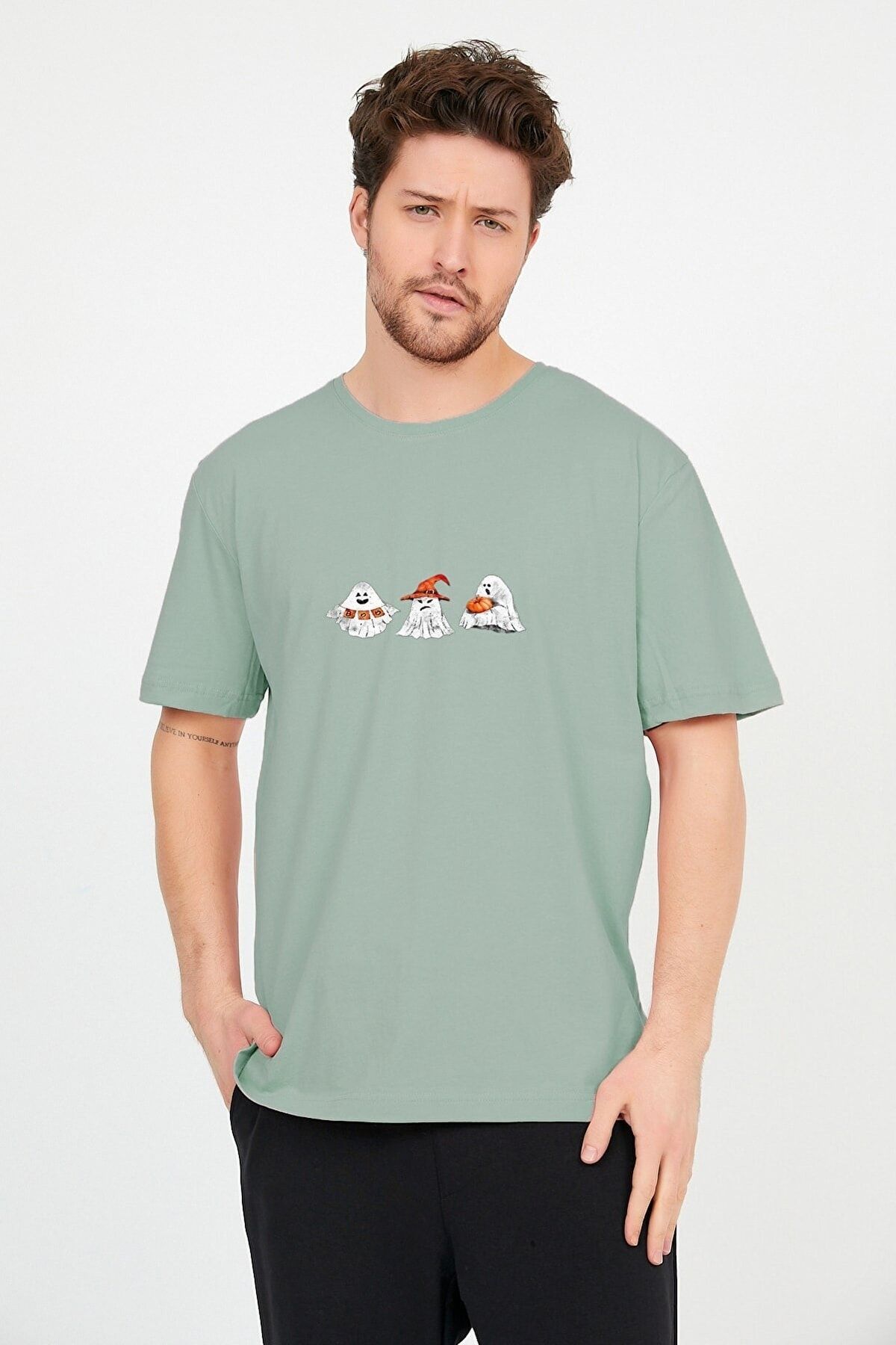 Pasage Erkek Mint Yeşil Önü Hayalet Baskılı Bisiklet Yaka Oversize Pamuklu T-shirt