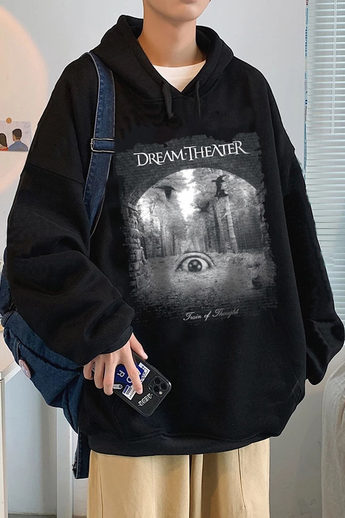 Freak Tshirt Siyah Renk Dream Theater Büyük Baskılı Unisex Geniş Kalıp Kapüşonlu Hoodie