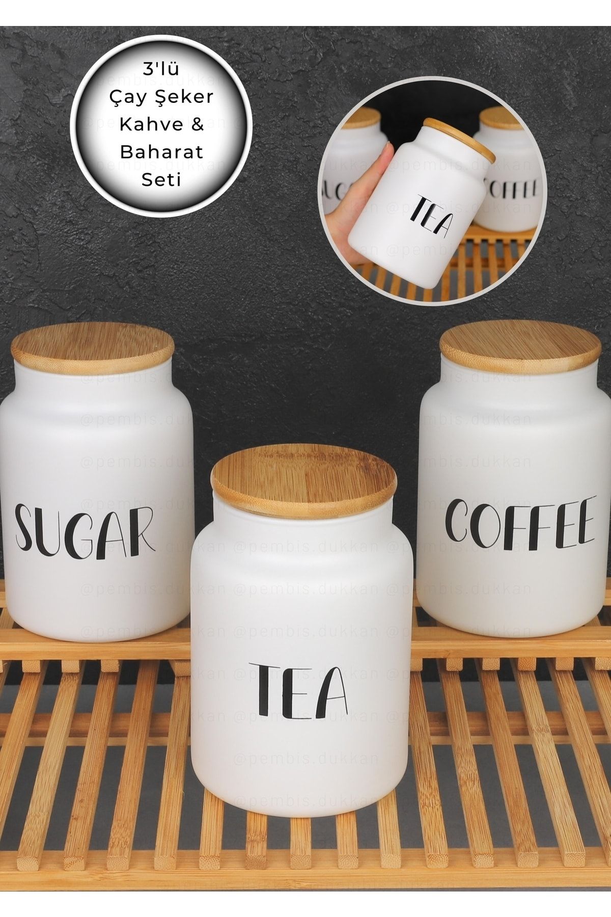 PEMBİŞ DÜKKAN Yeni 3lü Jar Bambu Kapaklı Çay Şeker Kahve Kavanozu (YENİLENEN 950ML BOYU İLE)