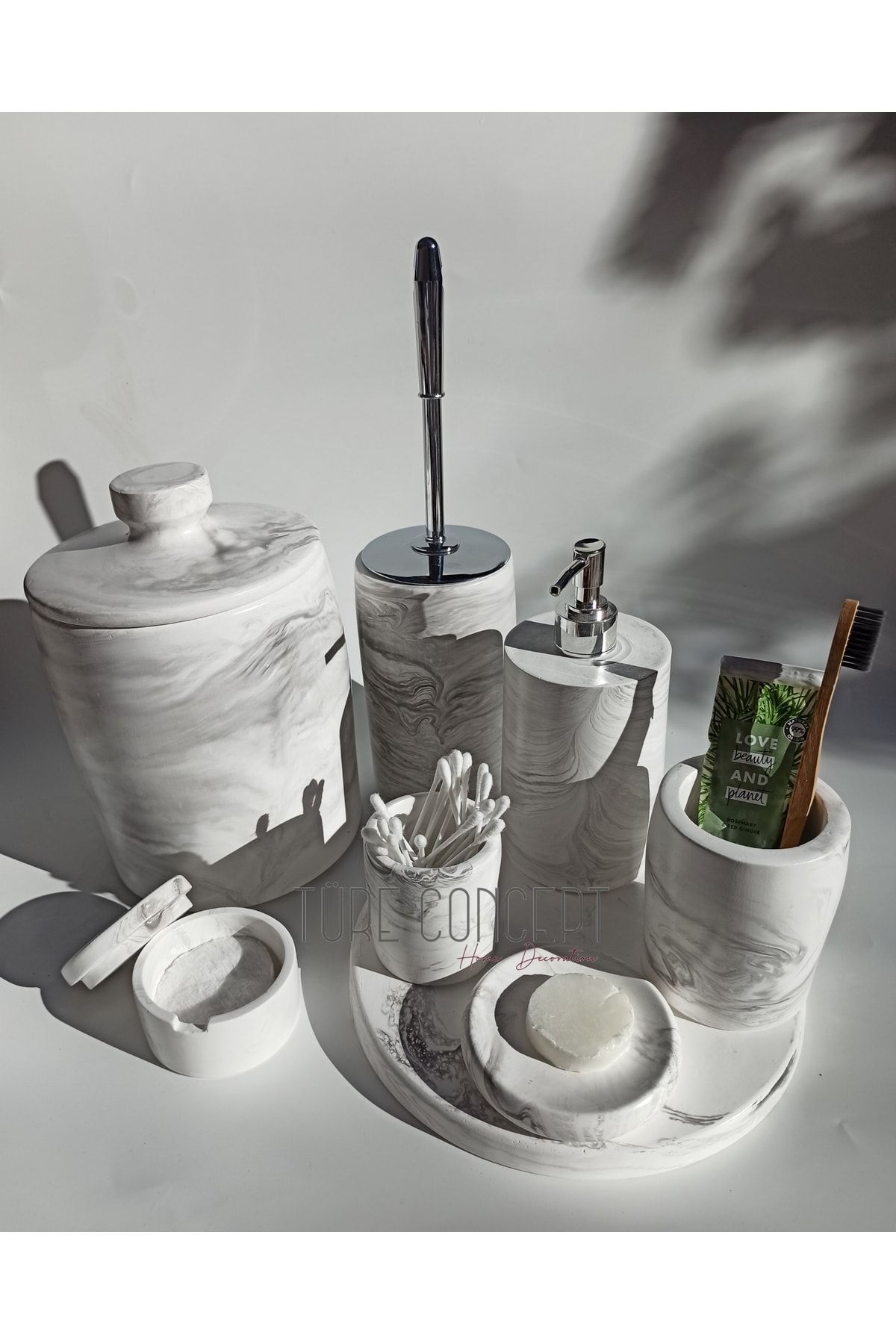 Ture Concept Mermer Görünümlü Banyo Seti Çöp Kovası ,tuvalet Fırçası, Tepsi,sabunluk ,pamukluk, Cubukluk