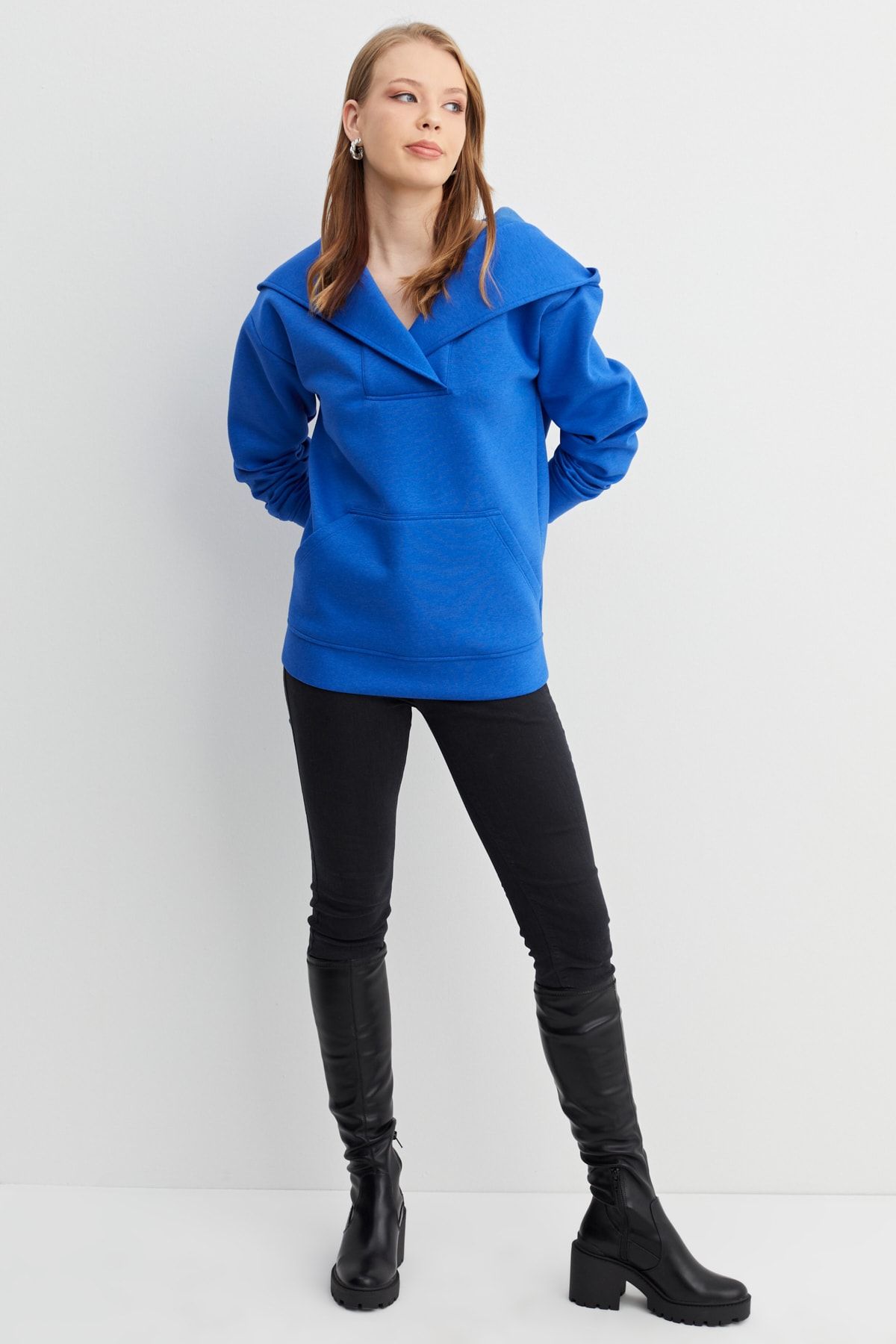 Hanna's Kadın Mavi Kapüşon Detaylı Kanguru Cepli Sweatshirt