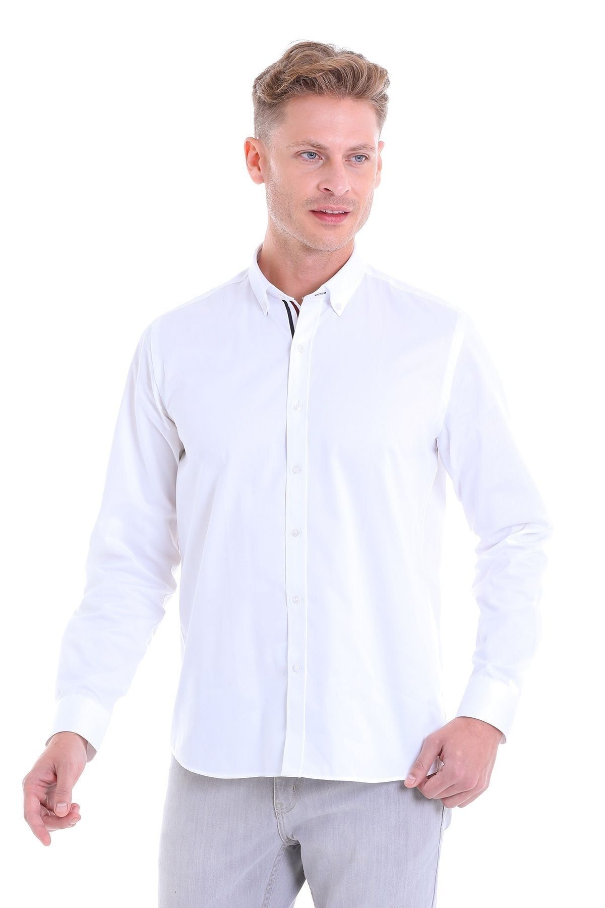 Hatemoğlu Beyaz Comfort Fit Düz 100% Pamuk Slim Yaka Uzun Kollu Klasik Saten Gömlek