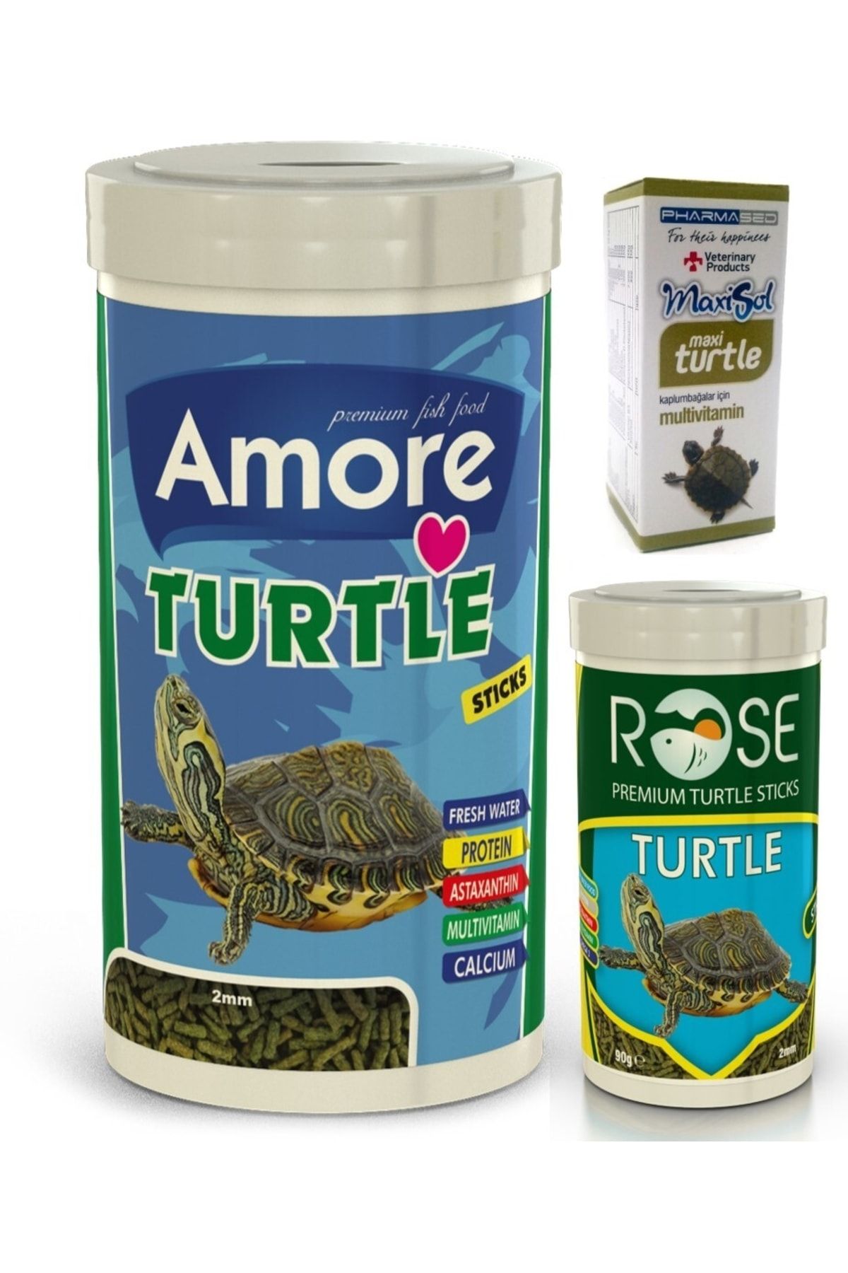 AMORE Turtle Green Sticks 1000ml, Rose 250ml Su Kaplumbağası Yemi Ve Vitamin