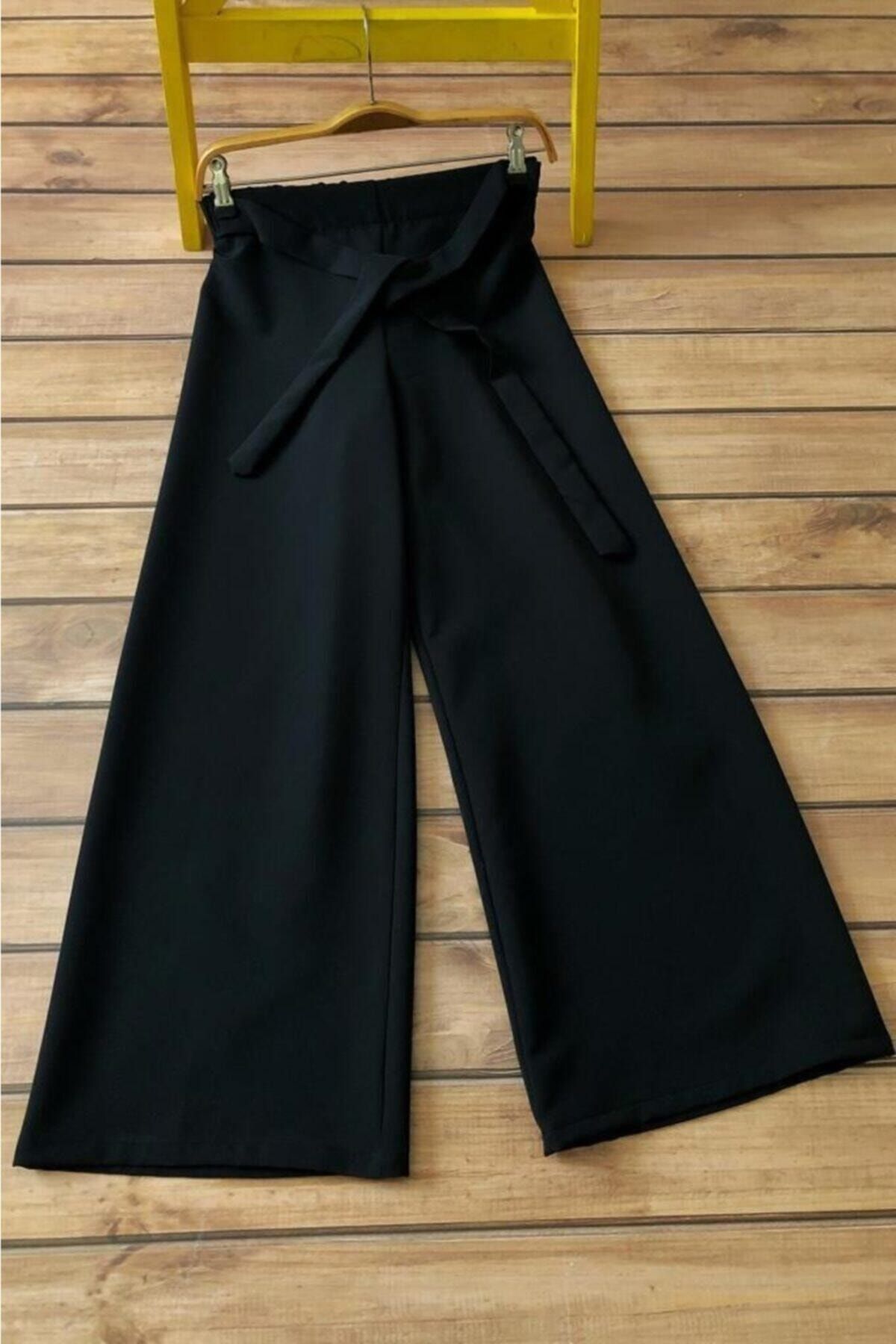 bysevensail Kadın Beli Lastikli Dabıl Krep Bol Paça Siyah Pantolon