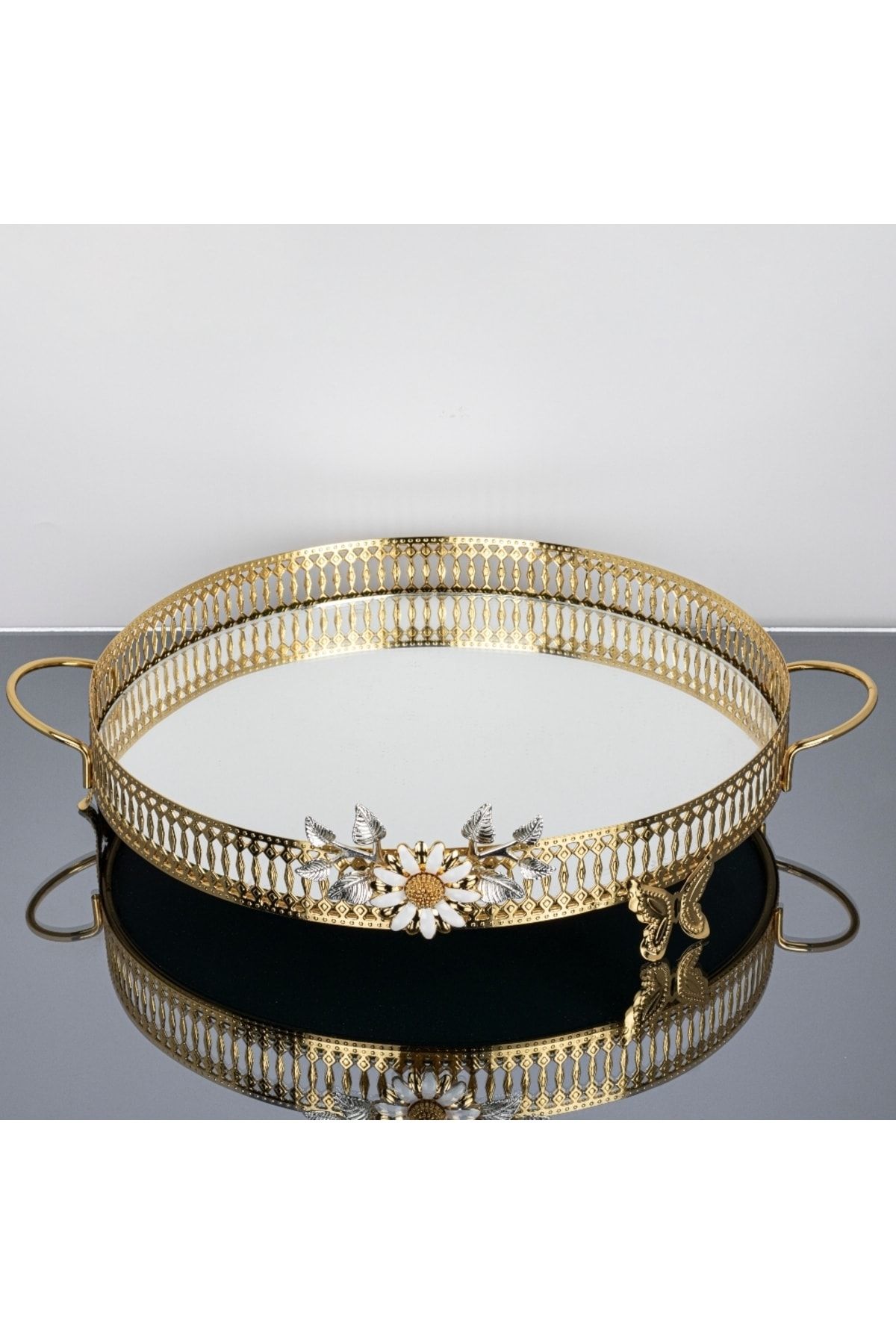 İnova Home Decor Firuze Çiçek Detaylı Gold - Gümüş Yuvarlak Aynalı Sunum - Tepsisi - Çay Tepsisi 35 Cm - Büyük Boy