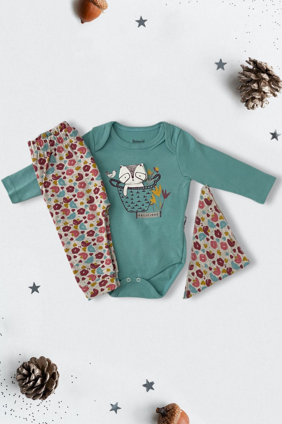 Miniworld Kumy Baby Kids Kız Bebek Yeşil Mavi Hastane Çıkışı Set 3-9 Ay Fular Salya Önlüklü Rakun Detay