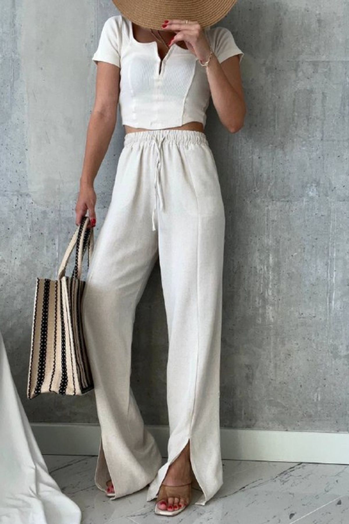 Liora Kadın Taş Renk Paçası Yırtmaçlı Bağcık Detaylı Keten Pantolon