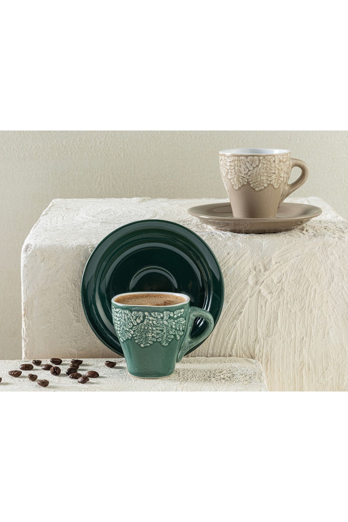 English Home Rila Stoneware 4 Parça 2 Kişilik Kahve Fıncan Takımı 100 ml Bej - Yeşil