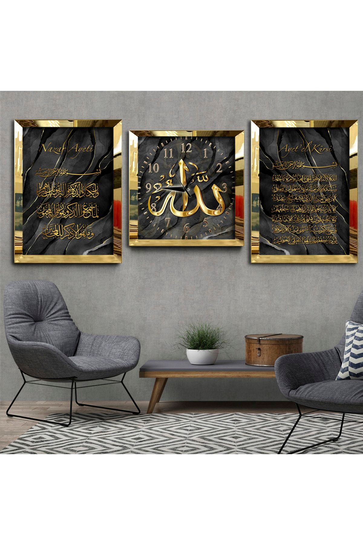 tablom burada Nazar Ayeti-allah Lafzı-ayetel Kürsi Gold Ayna Çerçeveli Tablo-saat Seti